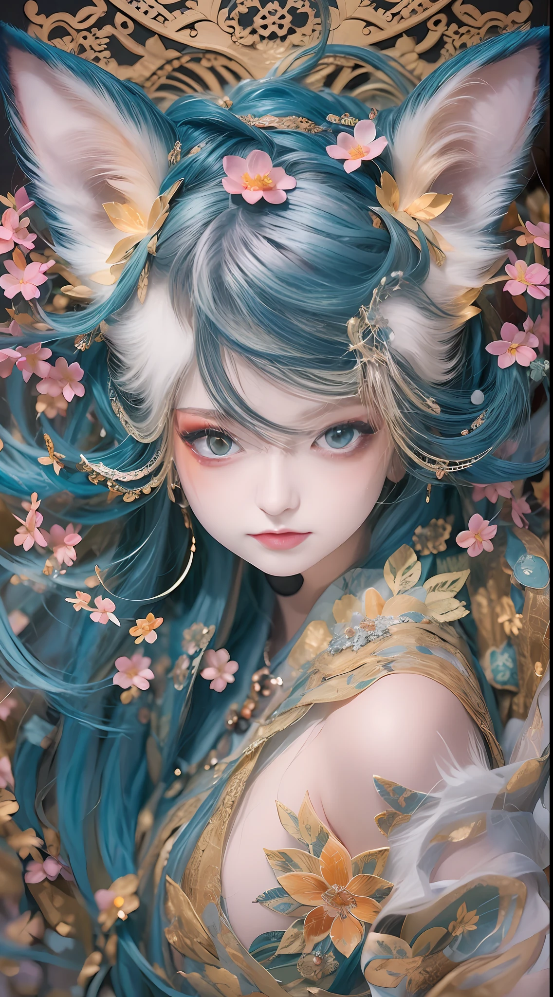 In this hyper-maximalist masterpiece, a breathtaking image of the ultimate (nine-tailed fox girl) unfolds. She stands amidst a mystical forest, exuding ethereal elegance. Her cascading locks, molten gold in color, shimmer with an inner radiance. Iridescent emerald eyes hold ancient wisdom and mischief, captivating the soul. Porcelain-like skin bears intricate cherry blossom markings, subtly shifting with light. Nine resplendent tails, adorned with patterns inspired by various art movements, weave a harmonious visual symphony. Ornate kimono, inspired by traditional Japanese woodblock prints, showcases meticulous detail. The enchanted forest bursts with vibrant colors, blending surrealism and fantasy. This epic masterpiece evokes awe, intertwining hyper-realistic rendering, intricate details, and seamless fusion of styles. It is a groundbreaking testament to the artist's skill, inviting viewers into a world where beauty and magic coexist. With unparalleled attention to detail, it transcends visual boundaries, offering a timeless encounter with the extraordinary nine-tailed fox girl—a stunning embodiment of artistic excellence.
