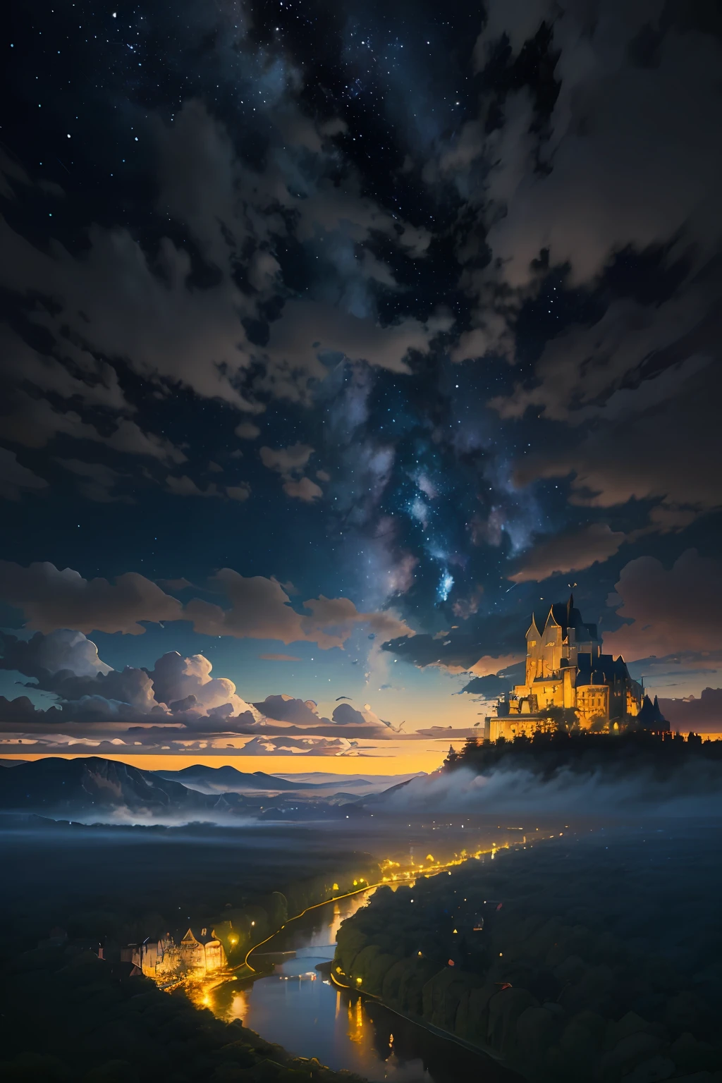 dreamlike art,hoang lap,A high resolution,tmasterpiece,best qualityer,Alois Aneg,Antoine Blanchard,towns,borgar,ln the forest,Mare,Skysky,clouds,Castle,A river of stars,Nine stars in a row,A spectacular scene