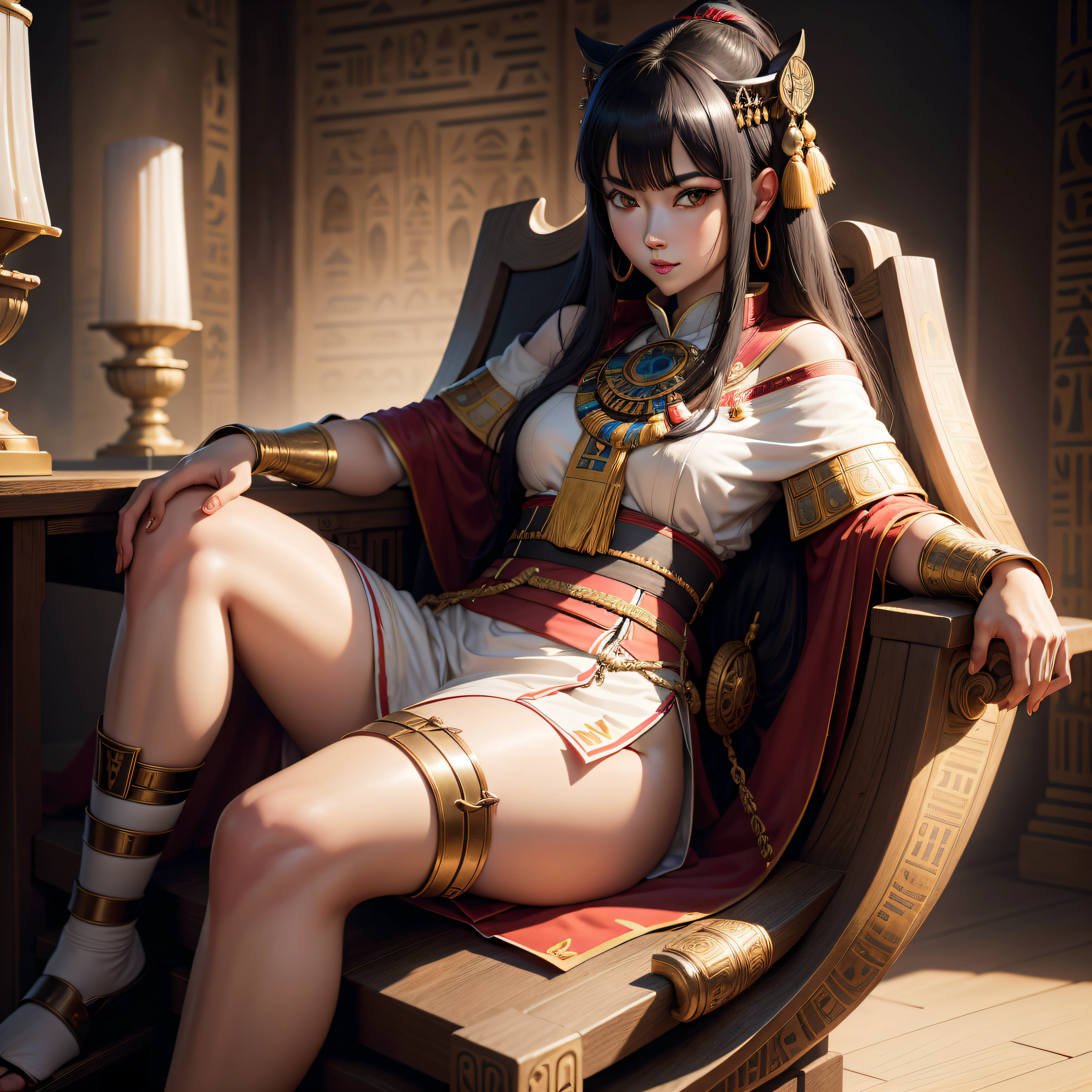 An ultra-realistic 4k illustration of Ayanokoji Kiyotaka sitting on an ordinary throne Egyptian period war strategist