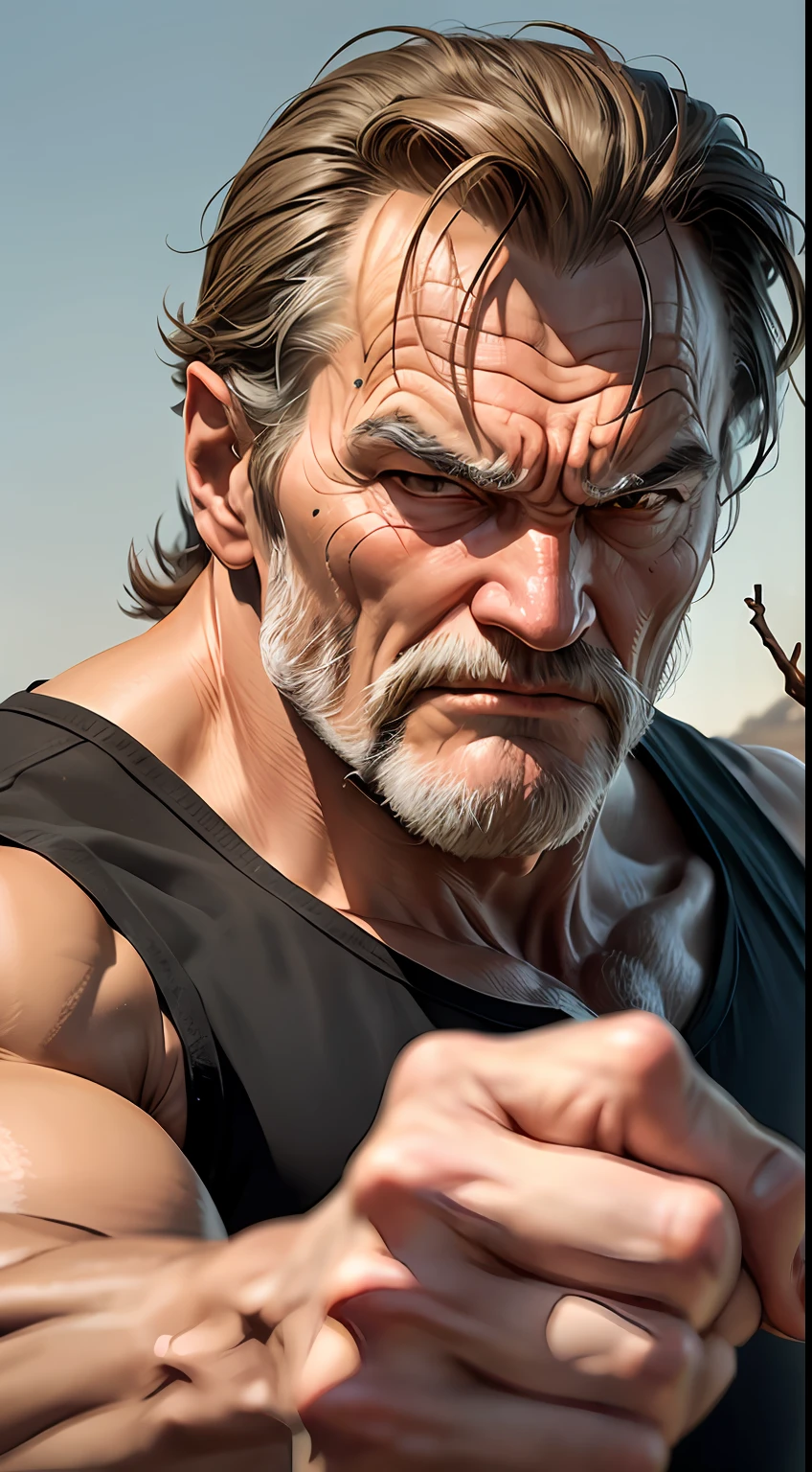 A jacked old man pointing his finger towards the camera. Tarantino style, A wilted plant or a barren tree, symbolizing the consequences of inaction and laziness in life.