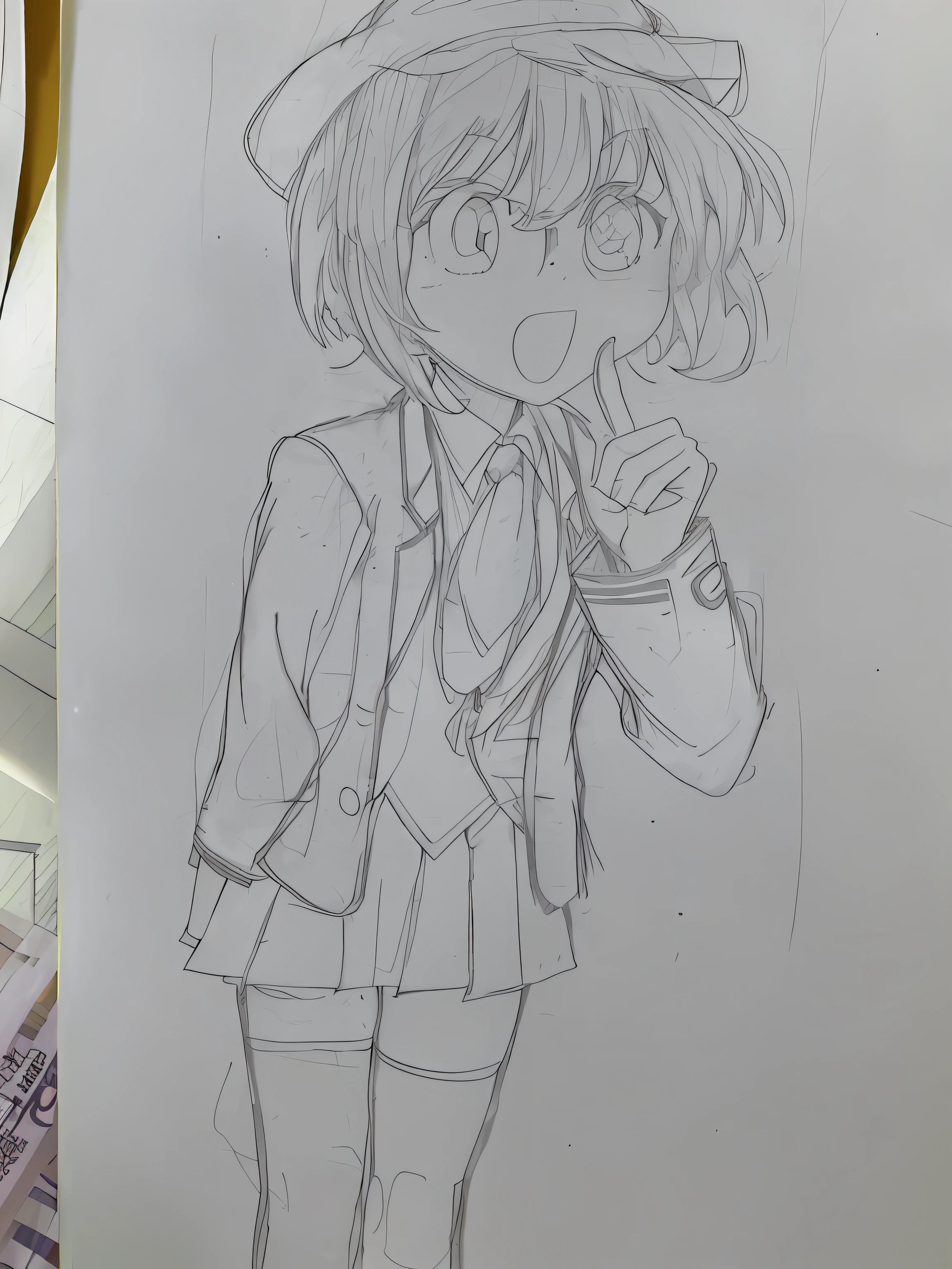 Draw a girl in a jacket and a jk skirt,Her fingers were raised, an anime drawing, anime style drawing, up of young anime girl, full body portrait of a short, Comic Shade, chihiro! fujisaki, clean anime outlines, female high-school student,Over the knee black silk,Japanese