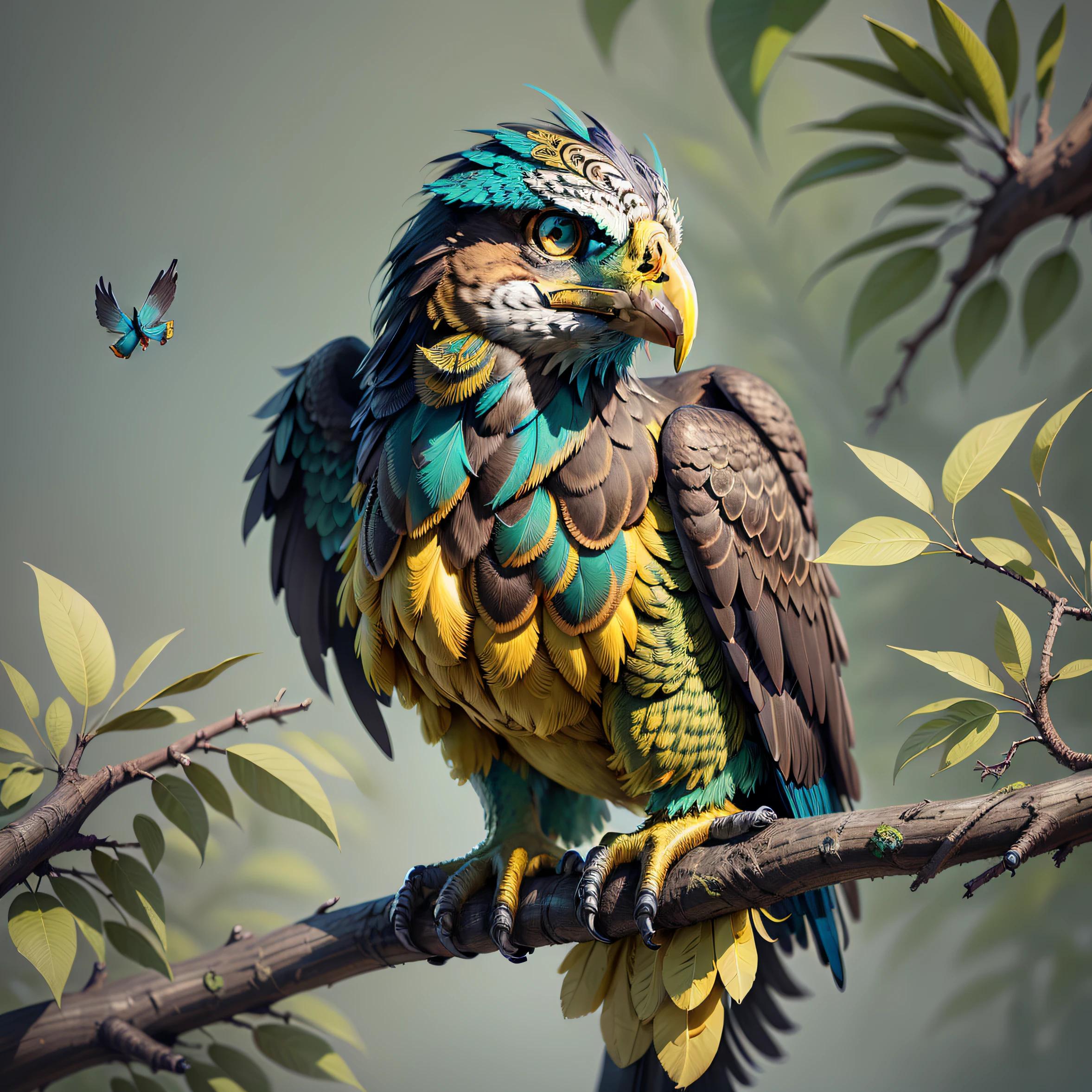 Green and blue feathered eagle mixed with yellow, with strong colors of medium contrast, on top of a tree branch, com bico afiado, ((com olhos vermelhos)), (Realistic illustration with intricate details:1.5). Em um ambiente selvagem da natureza.