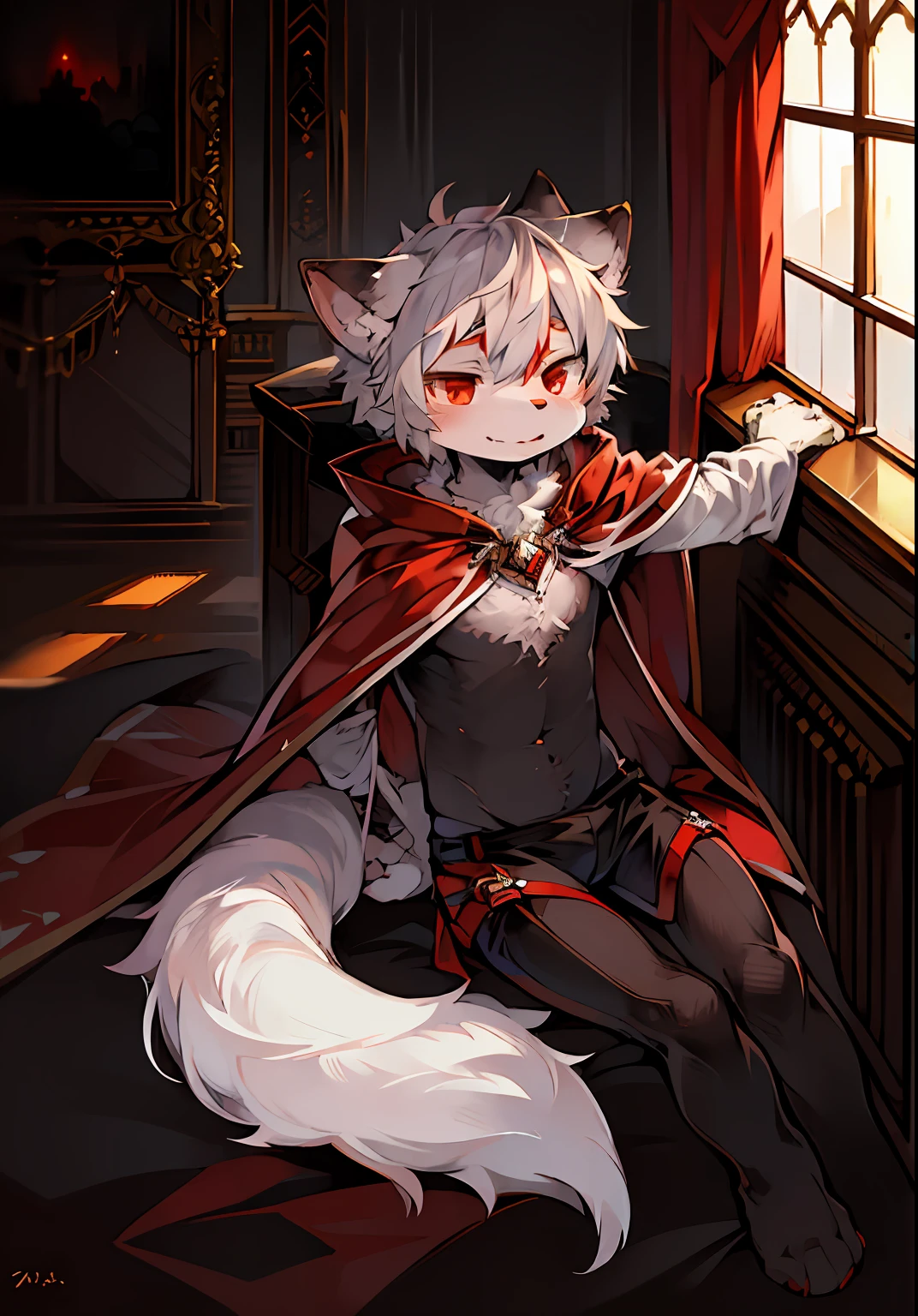 (dark environment:0.8),masterpiece, high quality, absurd res, digital painting \(artwork\), by dagasi, yupa,kiyosan,(anthro,fluffy fur,character focus:1.1),anthro male cat,short hair,portrait, bright eyes,panorama,character focus.(detailed background:0.7),solo,furry,furry male ,male focus,anthr,(Full body fur, fluffy tail, white fur,red eyes,gray hair:1.2),(long canines,vampire, cape:1.2),(interior,night, castle, coffin:1.1)