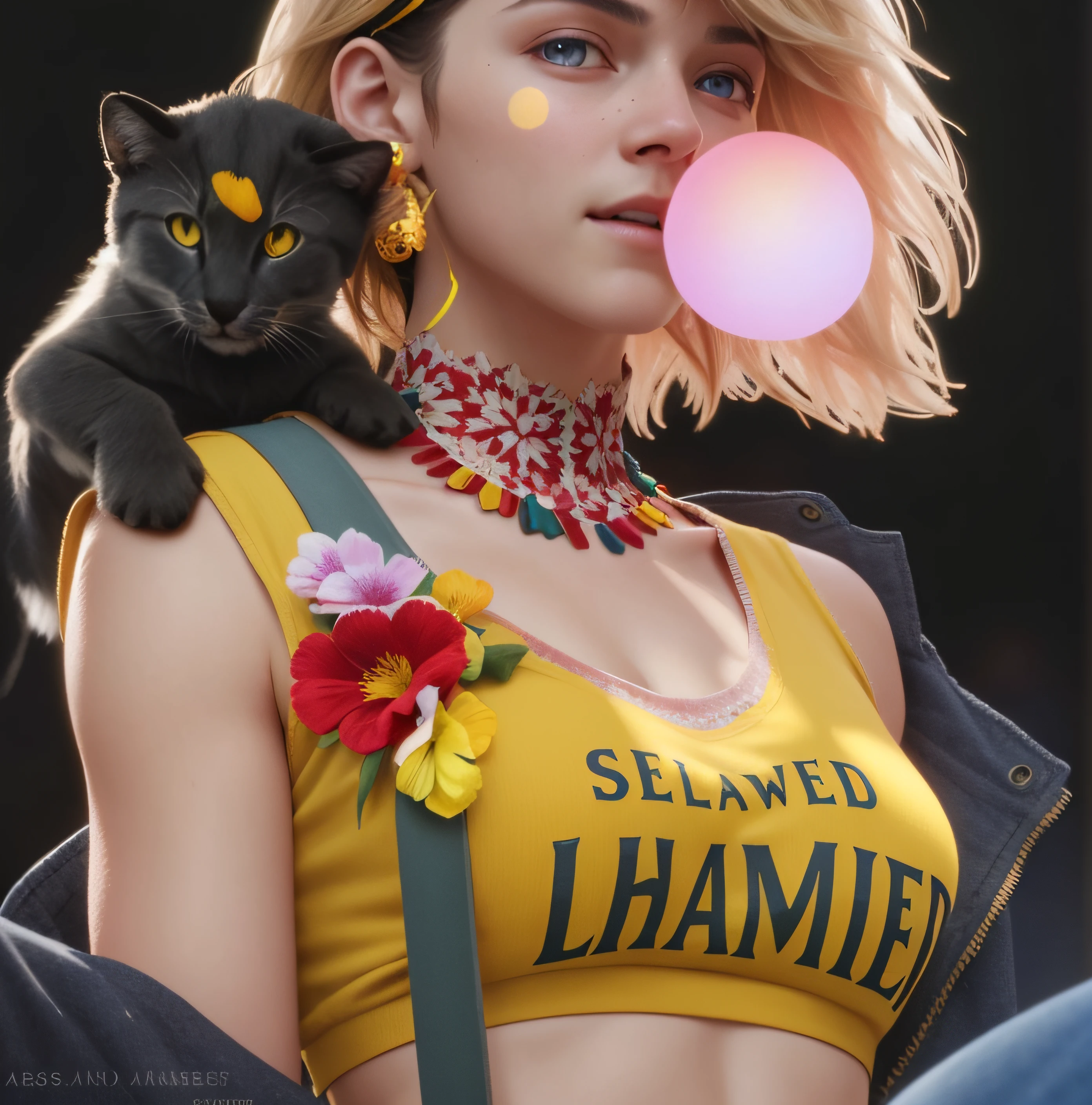 from_below, full body, full body, a woman wearing bright yellow short sleeves, sleeveless short sleeves, with bright words or patterns on the chest, very youthful and lively, bloom, ((cold light)), sharp focus, photo realistic, detailed skin, background out of focus, cinematic composition , ultra-detailed, realistic , hyper-realistic , volumetric lighting, 8k, trending on artstation