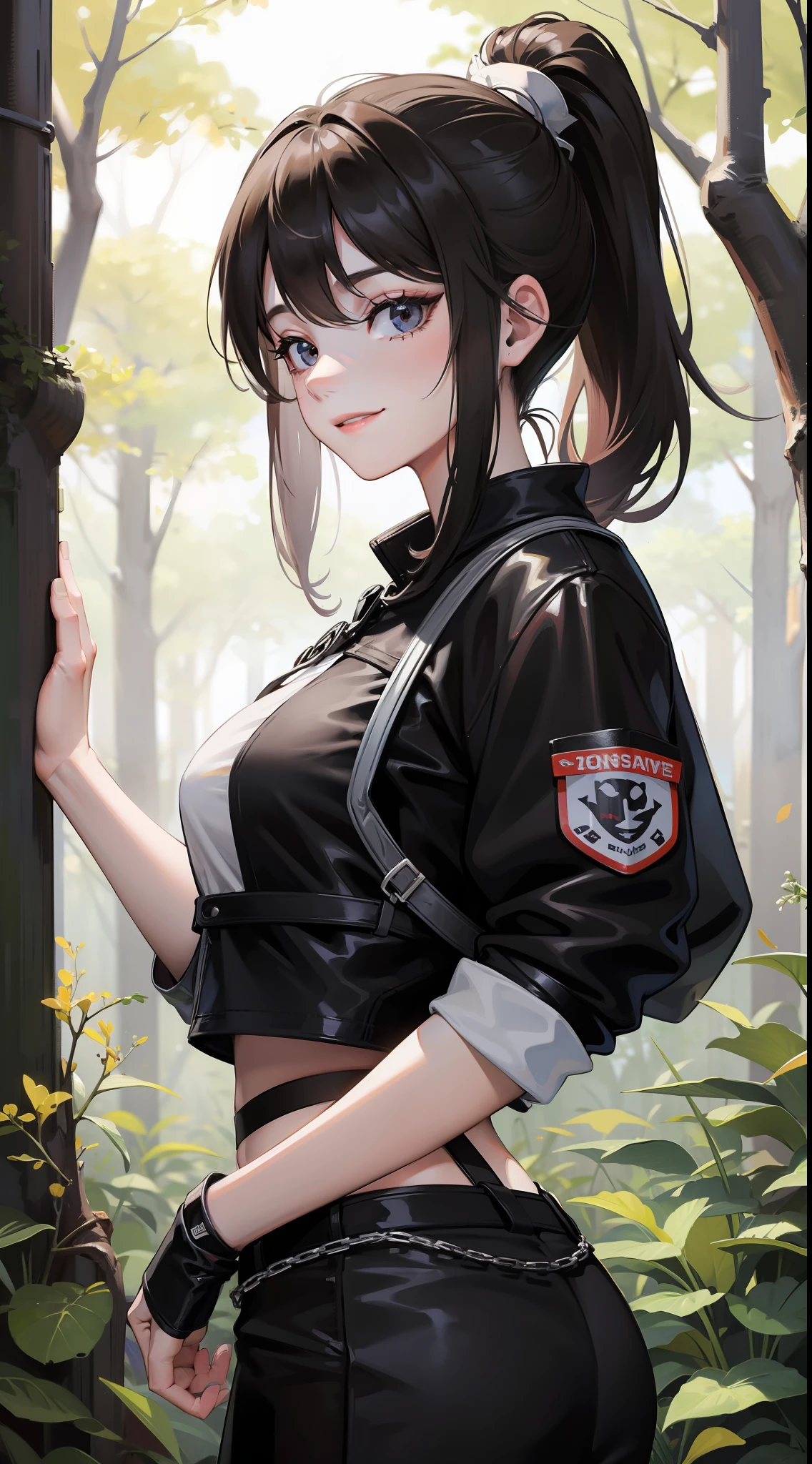 black ponytail, medium breast, beautiful, cute, 18 yo, black eye, forest, survival clothes, little smile