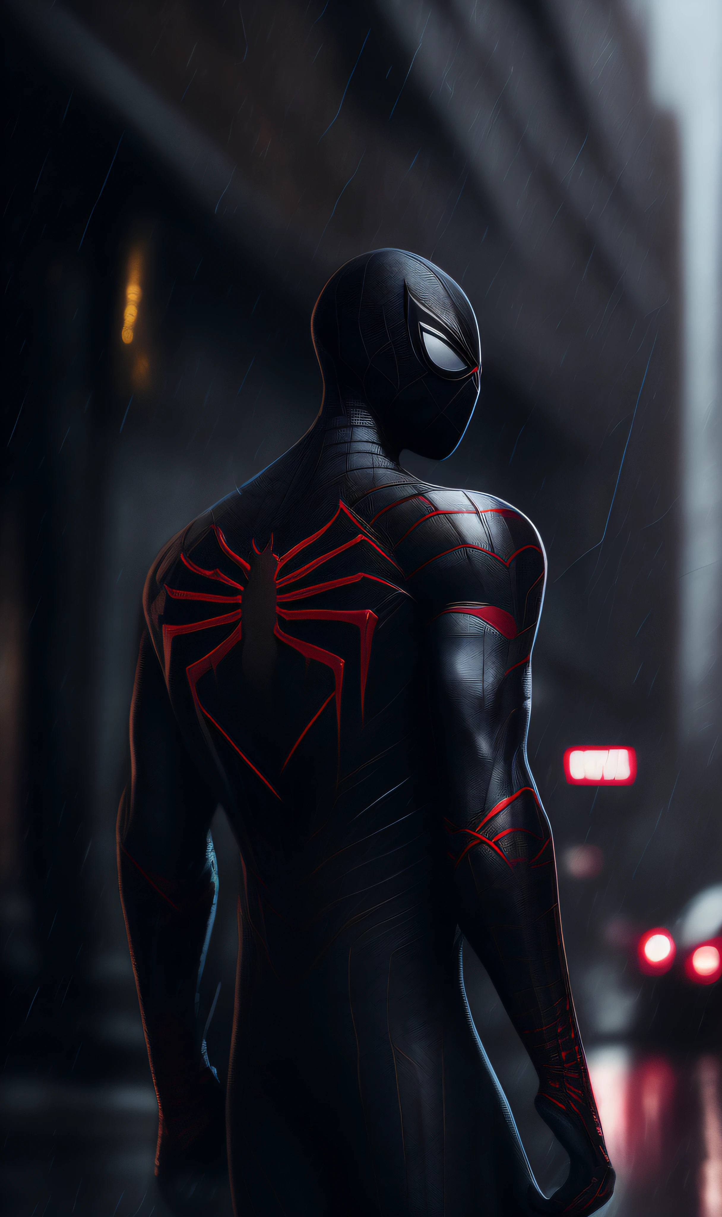 Black Spider-Man from Marvel photo standing outside the city 17, rainy, rtx, octane, unreal