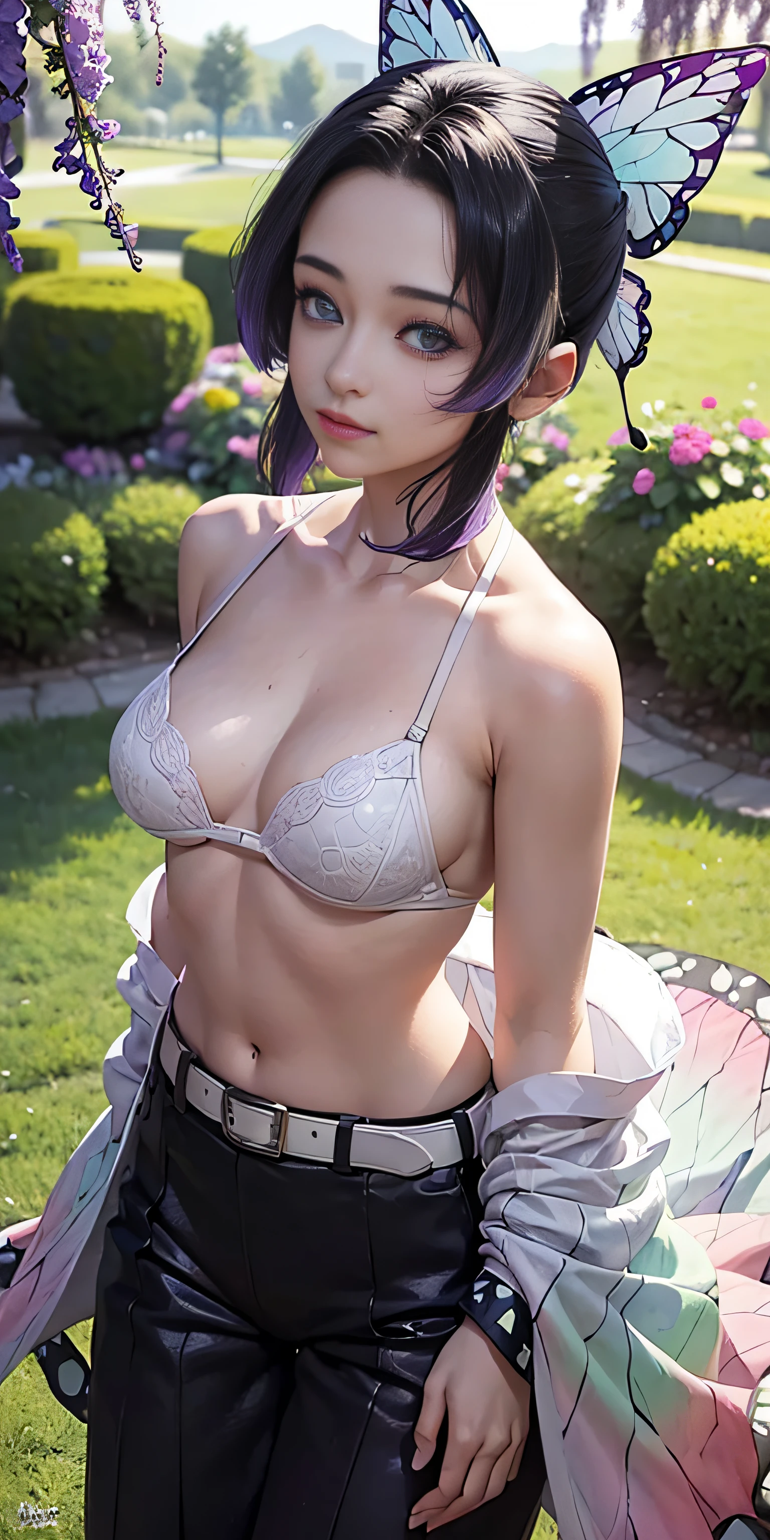 Ultra-realistic 8k CG,masterpiece,((ultra-detailed background, delicate pattern, intricate details)),best quality,very detailed face,extremely detailed eyes and face,extremely detailed eyes,kochou shinobu,multicolored hair,no bangs,hair intakes,purple eyes,forehead,black shirt,black pants,haori,butterfly,buttons,belt,(Garden:1.2),purple flower,chibi,cloudy sky,sunlight,Tindal effect,gradient_sky,face,Gorgeous sky,Waist Sabre,Charming posture,