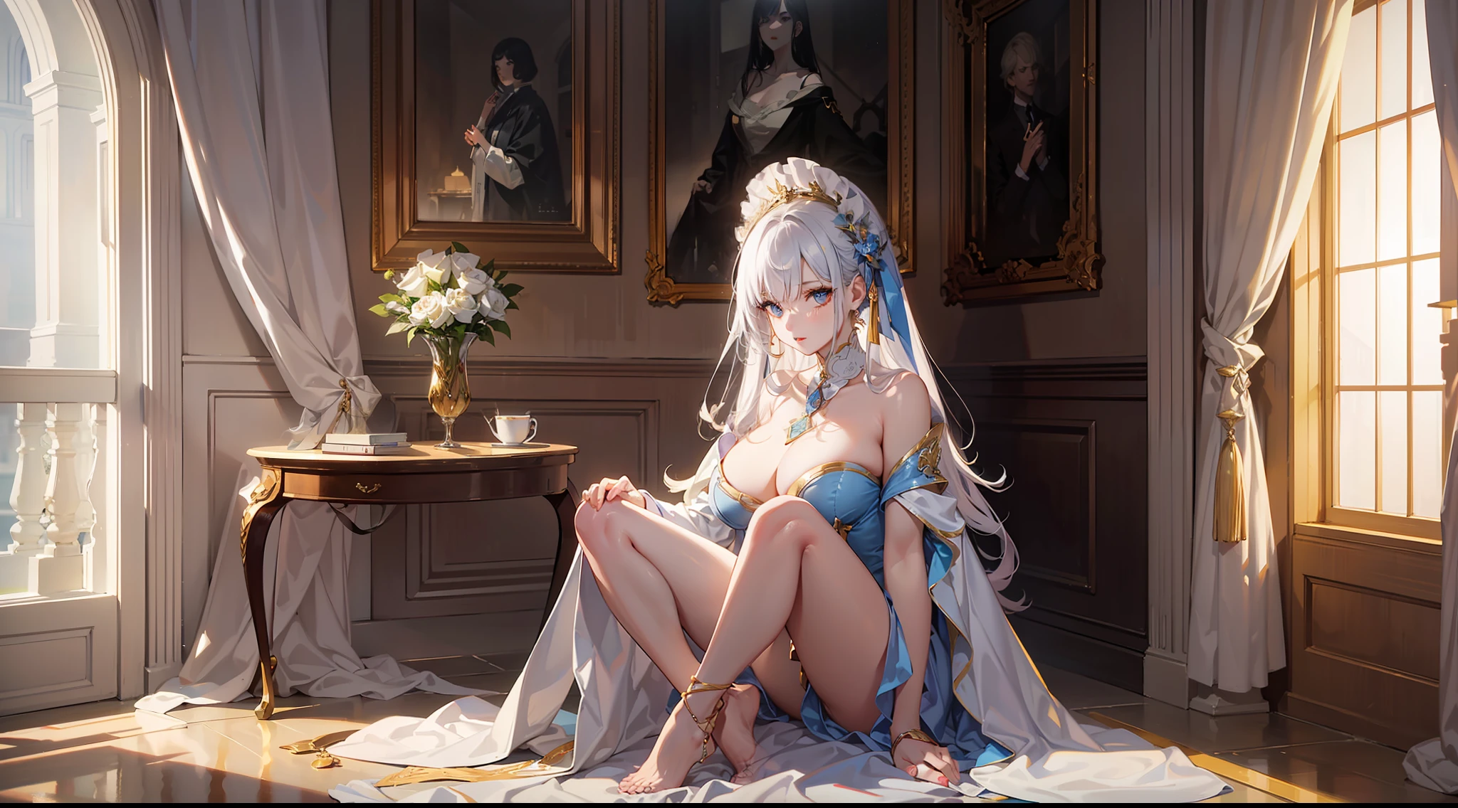 (Extreme Detail CG Unity 8K Wallpapers,tmasterpiece,Highest image quality),(Delicate light and shadow,The picture is highly dramatic),Ray traching,classical bedroom,looking at book ,Correct anatomy,long white hair,Golden eyes,Nice face,lipstick,Red eyeshadow,long eyelasher,Wear casual attire,Slender figure,sit on chair,ellegance,Next to it is a table,Faraway view,wide angles,4/3 angles,Authentic texture,Correct fingers,