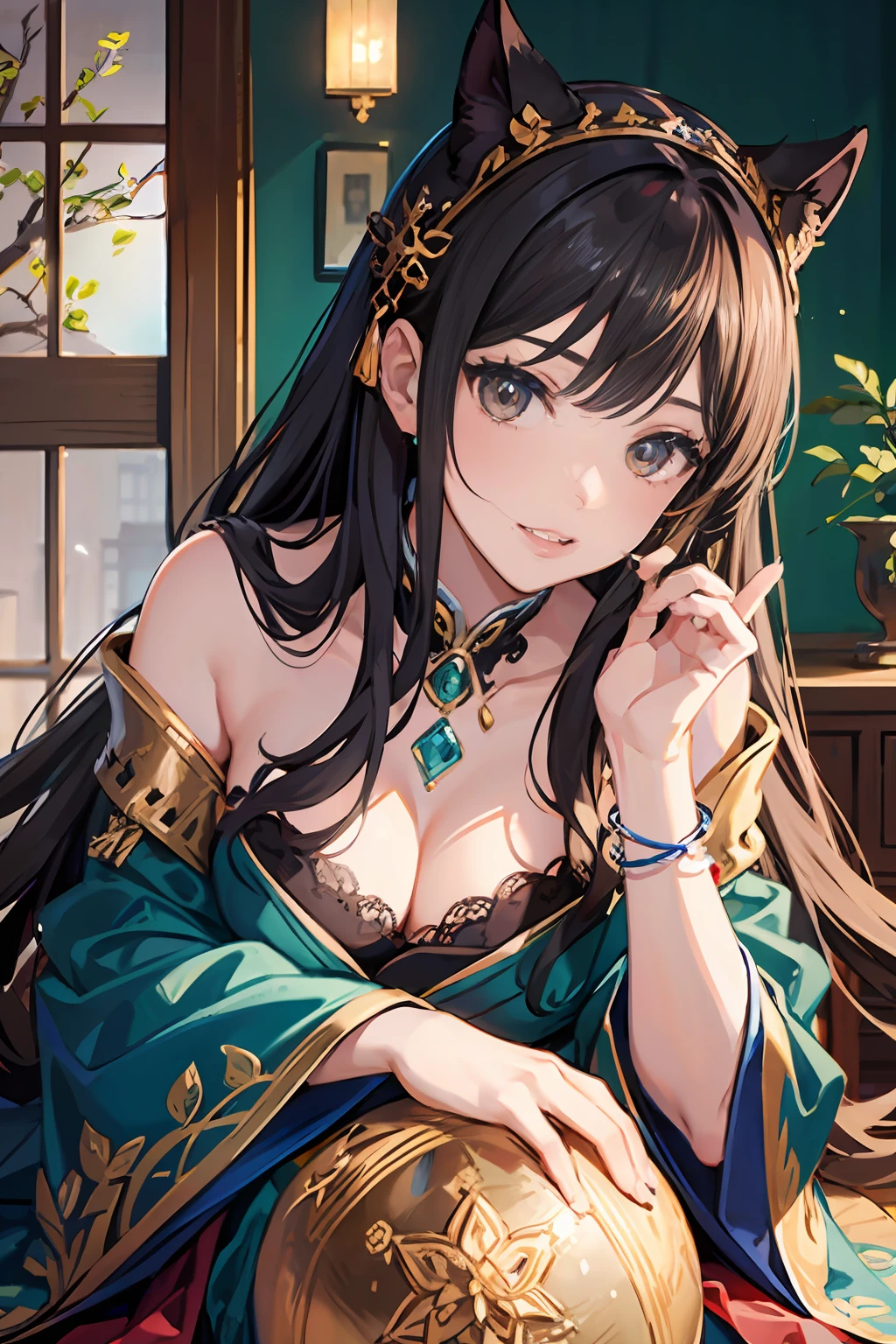 decorated with intricate patterns and symbols of authority、On a majestic jade throne々and sit down、Beautiful Japan idol girl、Featuring intricate lace details and vibrant colors、It is a vivid cosplay costume of a mythical creature、Illuminated by a single candle, Cute round face,Brown and burgundy two-tone hair、Extreme close-up face、masterpiece,8th class,beautifull hands,Beautiful Finger,ultra-realistic full body photos,