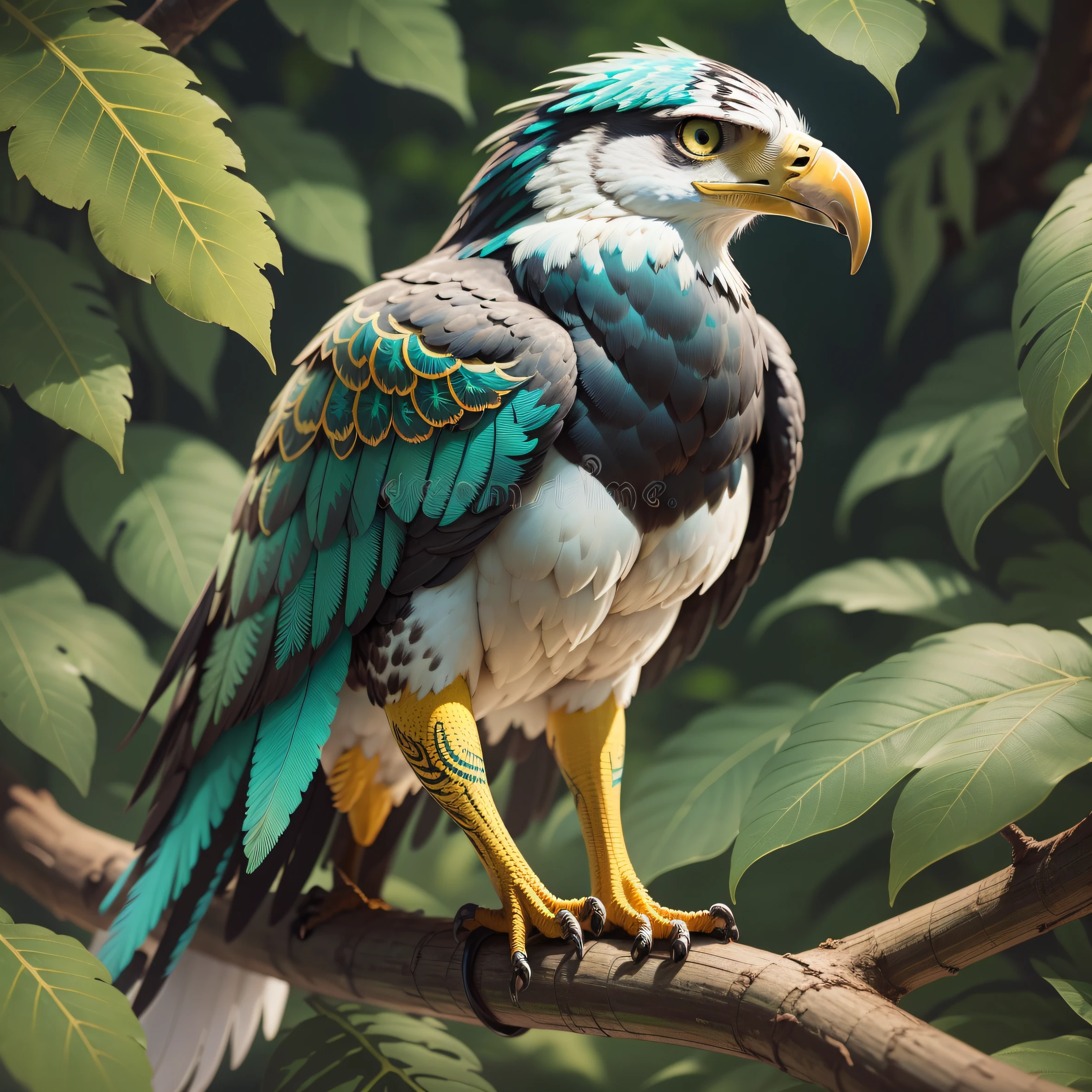 Green and blue feathered eagle mixed with yellow, with strong medium-contrast colors, on top of a tree branch, com bico afiado, ((com olhos vermelhos)), (Realistic illustration with intricate details:1.5). Em um ambiente selvagem da natureza.