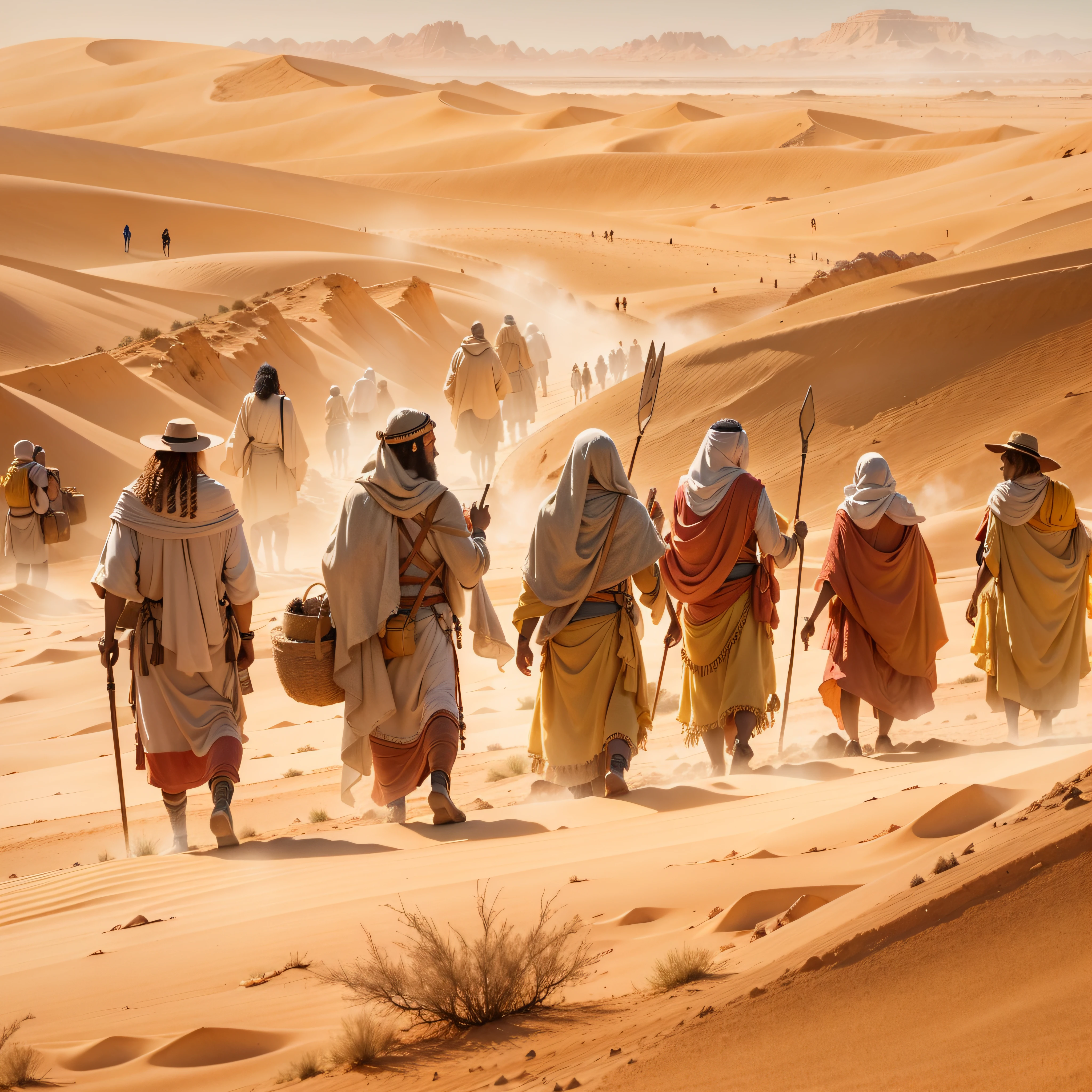 ((lifelike lighting, Melhor qualidade, 8K, Obra-prima: 1.3)), Foco claro: 1.2,Draw an illustrative picture of the Hebrew people wandering in the wilderness during the Exodus. The scenery is vast and arid, com dunas de areia e montanhas ao fundo. The sky is clear and sunny, But the sun is represented in warm tones to emphasize the warmth of the desert. The Hebrew people are pictured on their journey, homens, Women and children walking in line, carregando seus pertences em bolsas e cestas. Your clothes are simple, com tons terrosos, Reflecting nomadic life in the desert. Some carry folding tents, symbol of their temporary stops. Moses is at the head of the group, com um manto distinto, Holding the staff with a serious, confident expression. Ao redor, It is possible to see plants resistant to dry weather, e alguns animais do deserto como camelos e aves, complementando a paisagem. Apesar dos desafios, The Hebrew people carry with them a sense of hope and determination in their search for the promised land