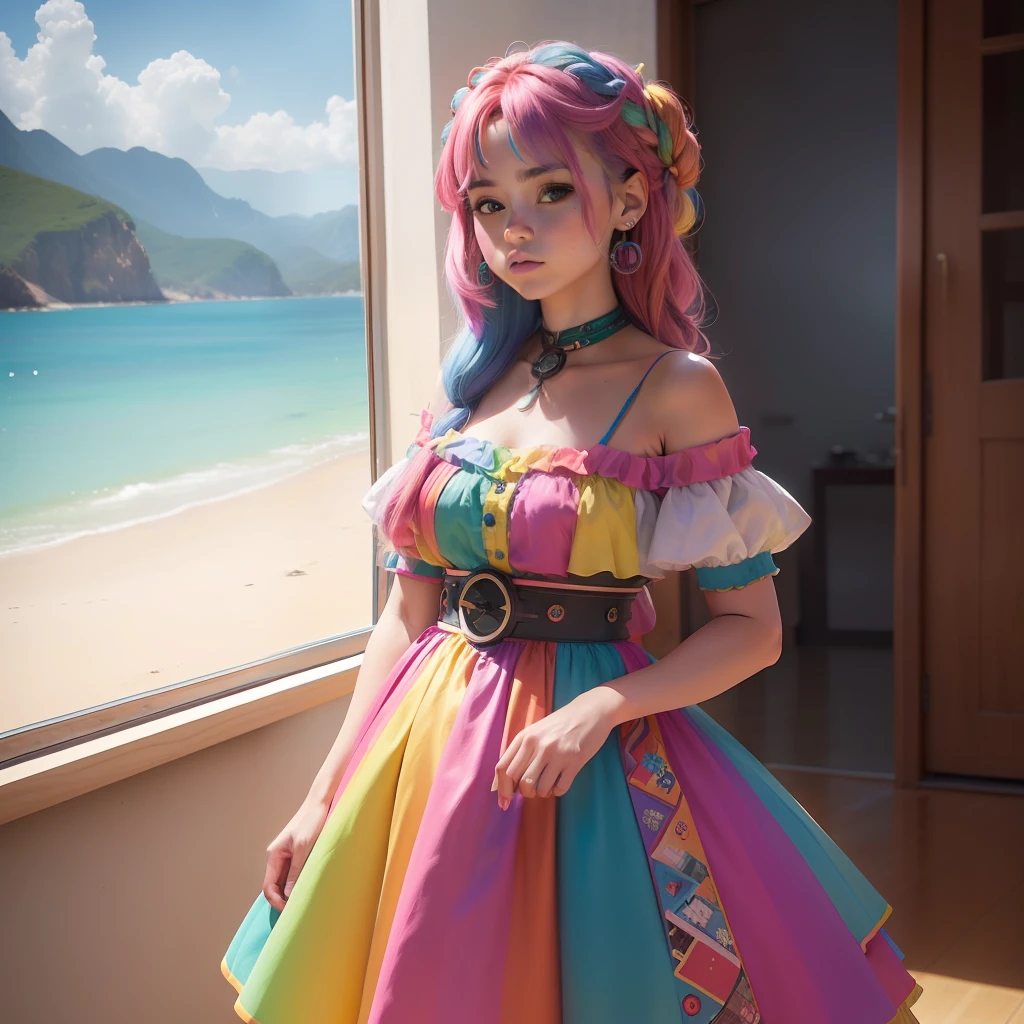 ((melhor qualidade)), ((ultra res)), ((fotorrealista:1.4)), (detalhes complexos), Girl with colorful hair and a colorful dress,RossDraw pastel vibrante, RossDraw realismo vibrante, estilo realista 4K,