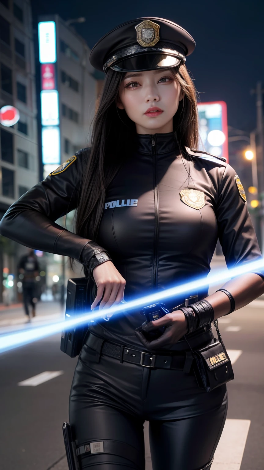 Highest image quality,Outstanding details,超高分辨率,swat,The police of the future,Model figure,dynamicposes,Grim expression,grim eyes,masked,She wears a futuristic SWAT uniform,She stood in front of the police car,Robust body,Sexy and robust,Detailed abs,Detailed muscle lines,sense of strength,perspired,the night,toyko,outside,street corner,Tokyo city street:1.5,Tokyo night view background,At night,neonlight,sense of science and technology,future-tech,Very detailed cyberpunk style,cyber punk perssonage:2.0,Highly detailed police uniforms:2.0,Highly detailed police cap,Highly detailed police force,Highly detailed police badge,Highly detailed armbands,Highly detailed police strips,Highly detailed epaulettes,wear police cap,Highly detailed electric batons:1.5,Highly detailed guns:1.5,The gun of the future,intercom,Wireless devices:1.5,handcuff:1.5,police cars:1.5,Future police car,(Highly detailed body,Highly detailed face,Best quality at best:1.2) ,frontage,full bodyesbian,Look from the bottom up,look from down, looki at viewer,mechs,Tokyo city background,tokyo city,toyko,((mechs:1.5)),((Highly detailed police uniforms:2.0)),((swat:2.0)),((Hold the leather whip with both hands:2.0)),((With a gun:2.0)),((Tokyo city background at night:2.0)),((Complex streets:1.5)),((Highly detailed police car:2.0)),(fully body photo:2.0),((the night:2.0)),((Detailed hands:2.0)),((Harmonious body proportions:1.5)),((Normal limbs:2.0)),((Normal fingers:2.0)),((Detailed eyes:2.0)),((Normal eyes:2.0)),