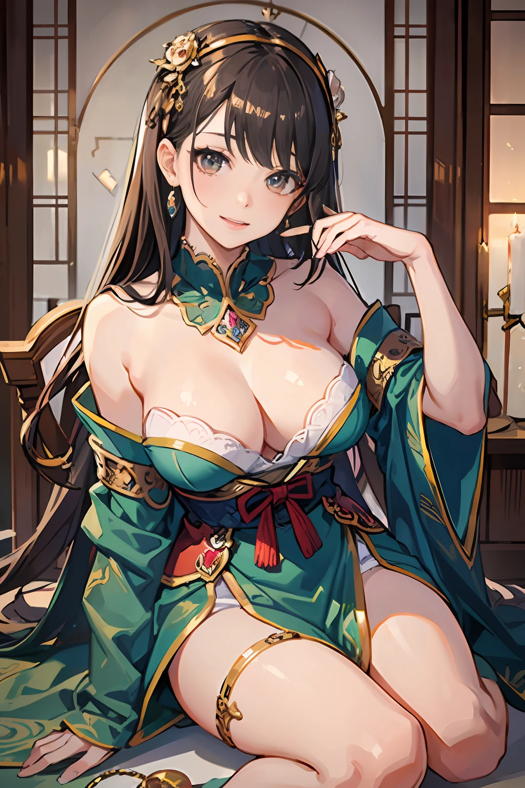 decorated with intricate patterns and symbols of authority、On a majestic jade throne々and sit down、Beautiful Japan idol girl、Featuring intricate lace details and vibrant colors、It is a vivid cosplay costume of a mythical creature、Illuminated by a single candle, Cute round face,Brown and burgundy two-tone hair、Extreme close-up face、masterpiece,8th class,beautifull hands,Beautiful Finger,ultra-realistic full body photos,