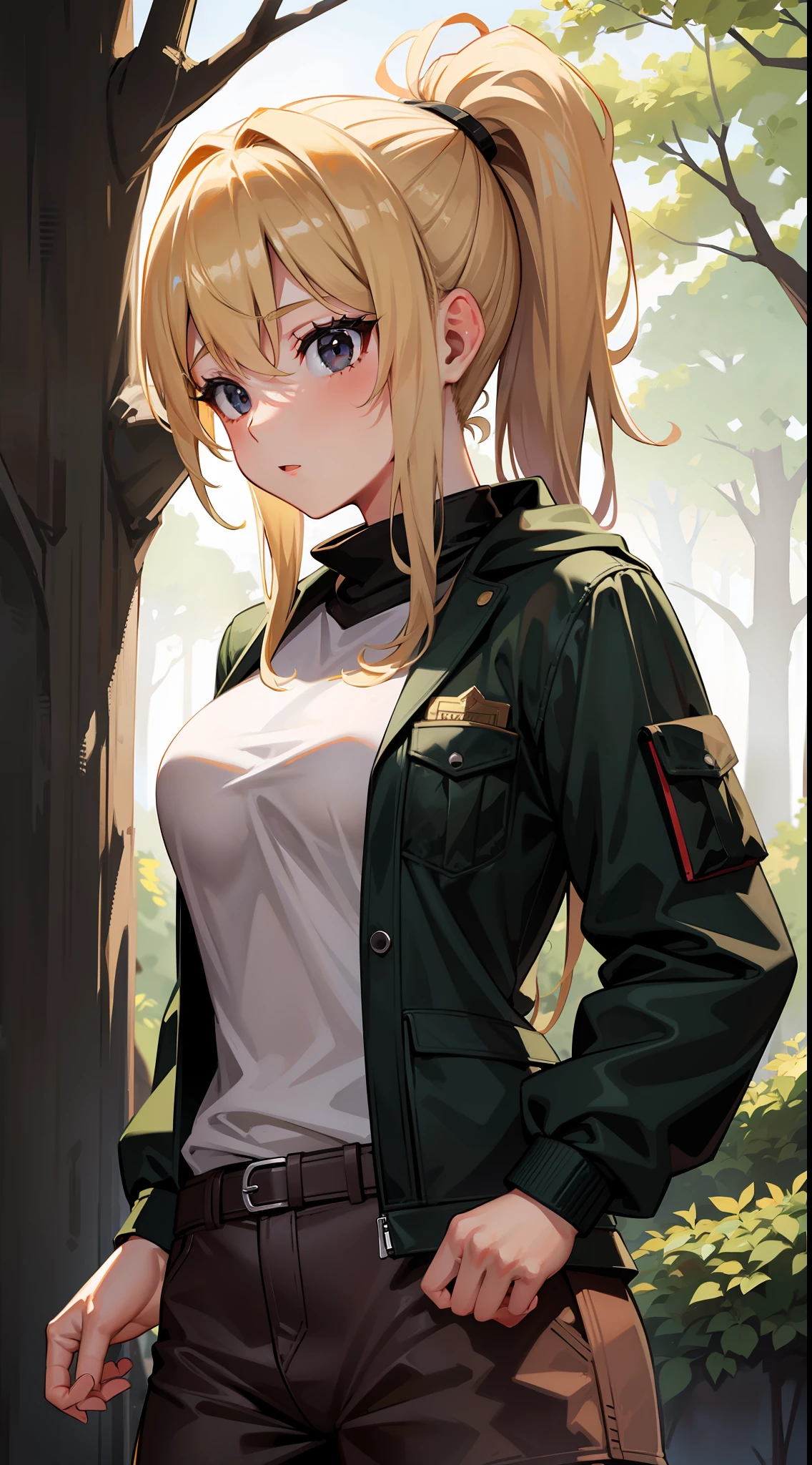 Blonde ponytail, medium breast, beautiful, cute, 18 yo, black eye, forest, survival clothes