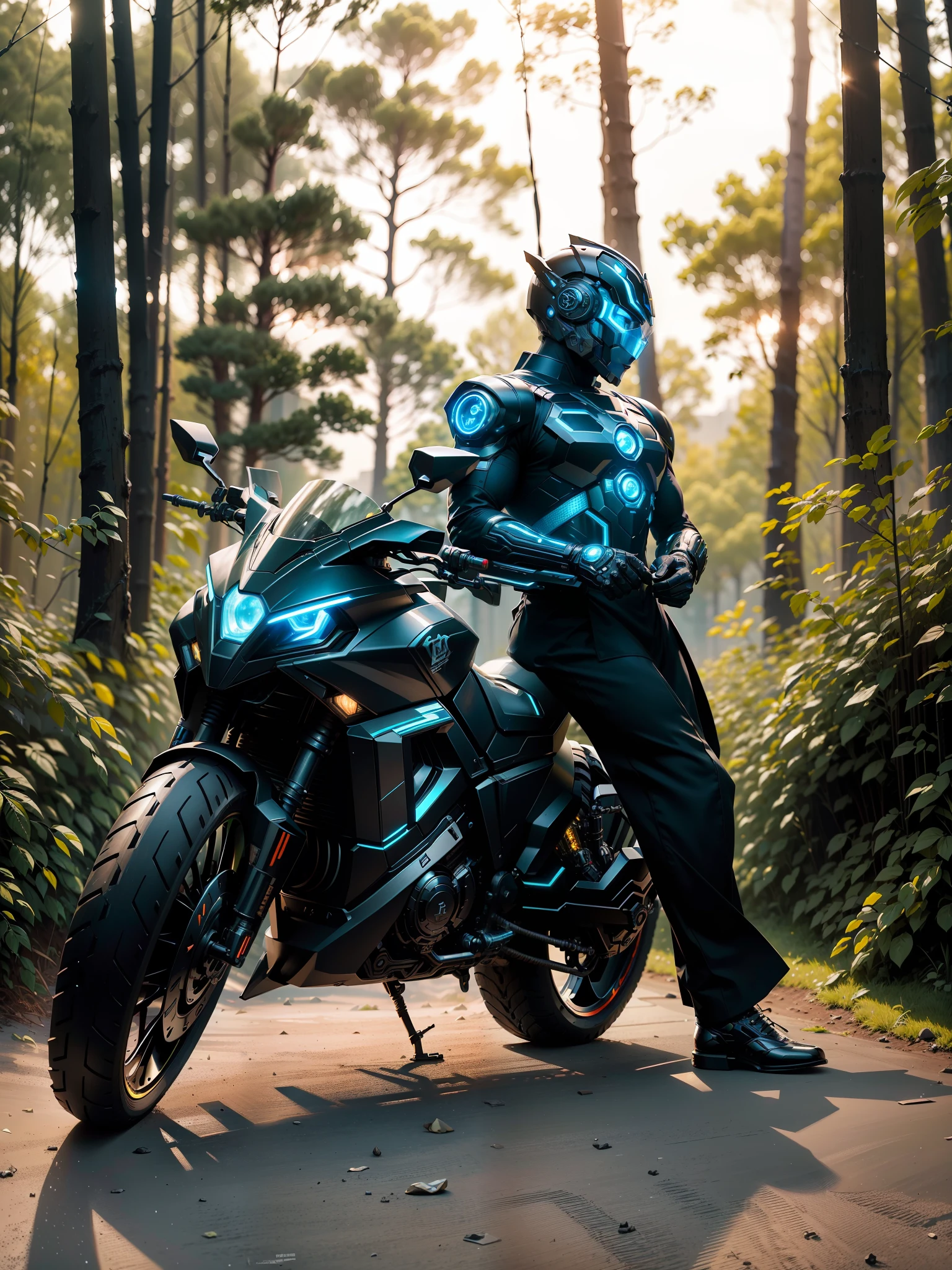 Cyber Man Warrior and Cyber Mechanical Motorcycle, Full Body Exquisite High-Tech Armor, Exquisite Black Tech Helmet, Nousr, Biomechanics, MSHN Robot Man, High-Tech Helmet, Surreal, Steel, Intricate Design, Crazy Details, Fine Details, Extremely Clear Lines, Cinematic Lighting, Photo Realistic, Detailed Masterpiece