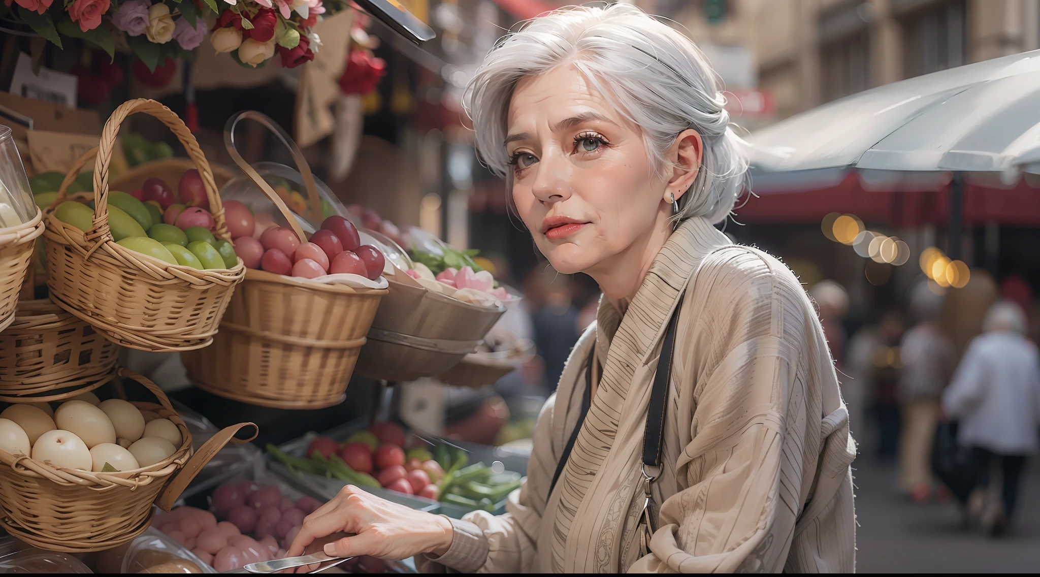 A beautiful old woman with silver hair, elegant, well dressed in a market