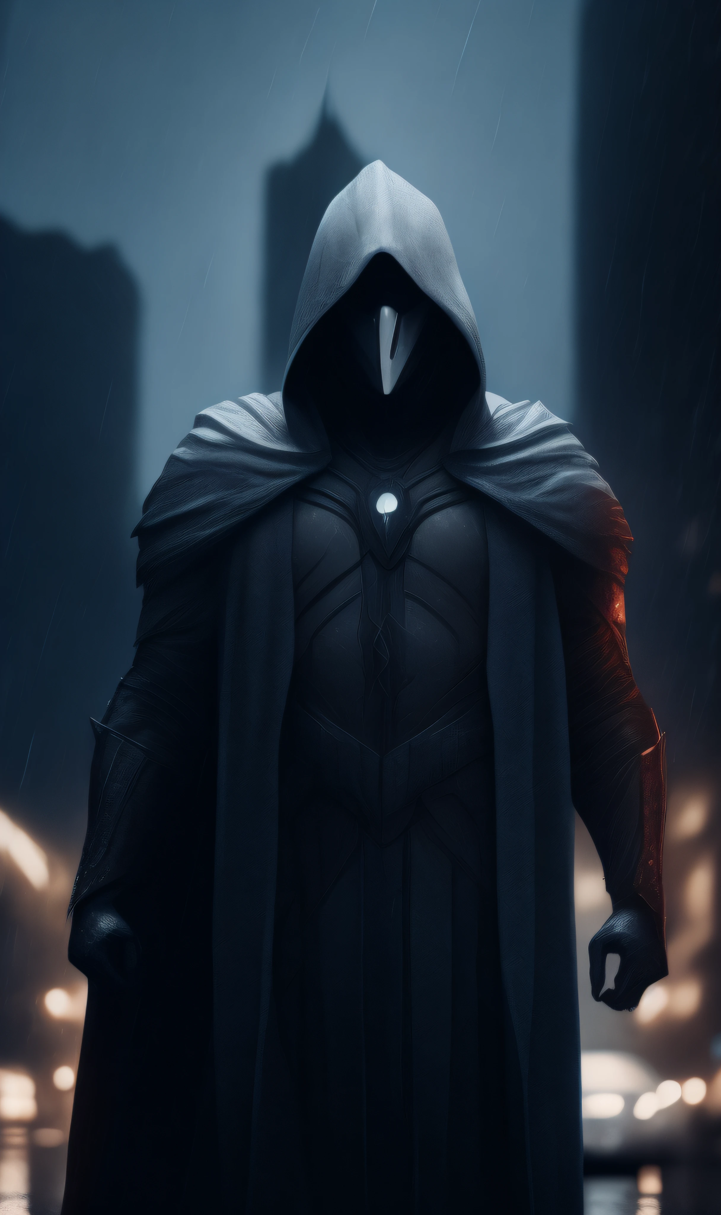 photo of Moon Knight from Marvel standing outside the city 17, rainy, rtx, octane, unreal