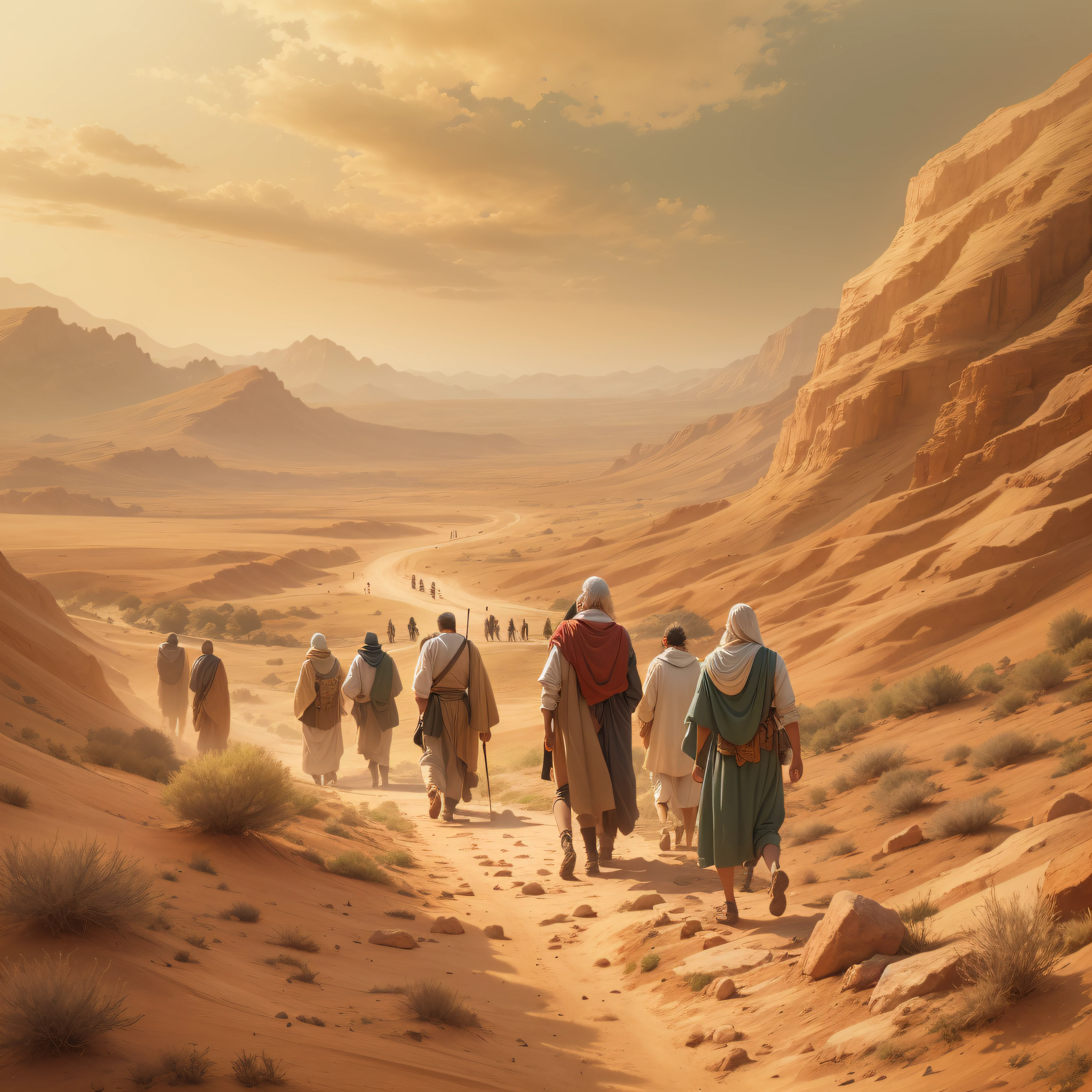 arid landscape, group of people walking in the wilderness during the Exodus led by Moses, expressing hope and determination in search of the promised land.