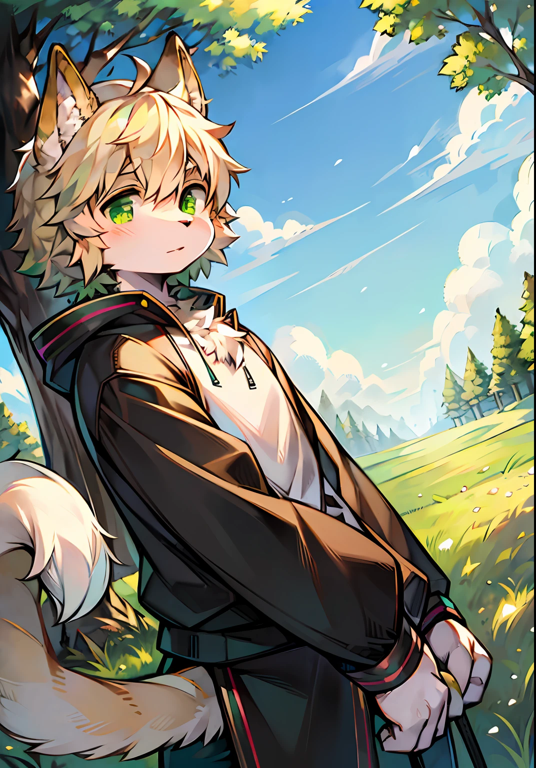 Masterpiece,High quality,abstract res,Digital painting\(artwork of a\), author:BrukkiGunar, Yupa,Kiyosan,(anthro,Fluffy fur,Character focus:1.1),anthro male cat,Portrait , eyes with brightness, in a panoramic view, Character focus.(detailedbackground:0.7), 独奏, shaggy, shaggy male, ,malefocus, Robust,Strong anthrax(Full Body Furry, It has a fluffy tail,With a green pattern, White fur, Dark green eyes), (Long felines、moth、White feathers、Dark green ears、Beige tail、Light green smoky pattern、Beige hair、seminude、Manteau:1.2),(External、In the daytime、Dense grass、Low tree、clear skies、grassy fields)