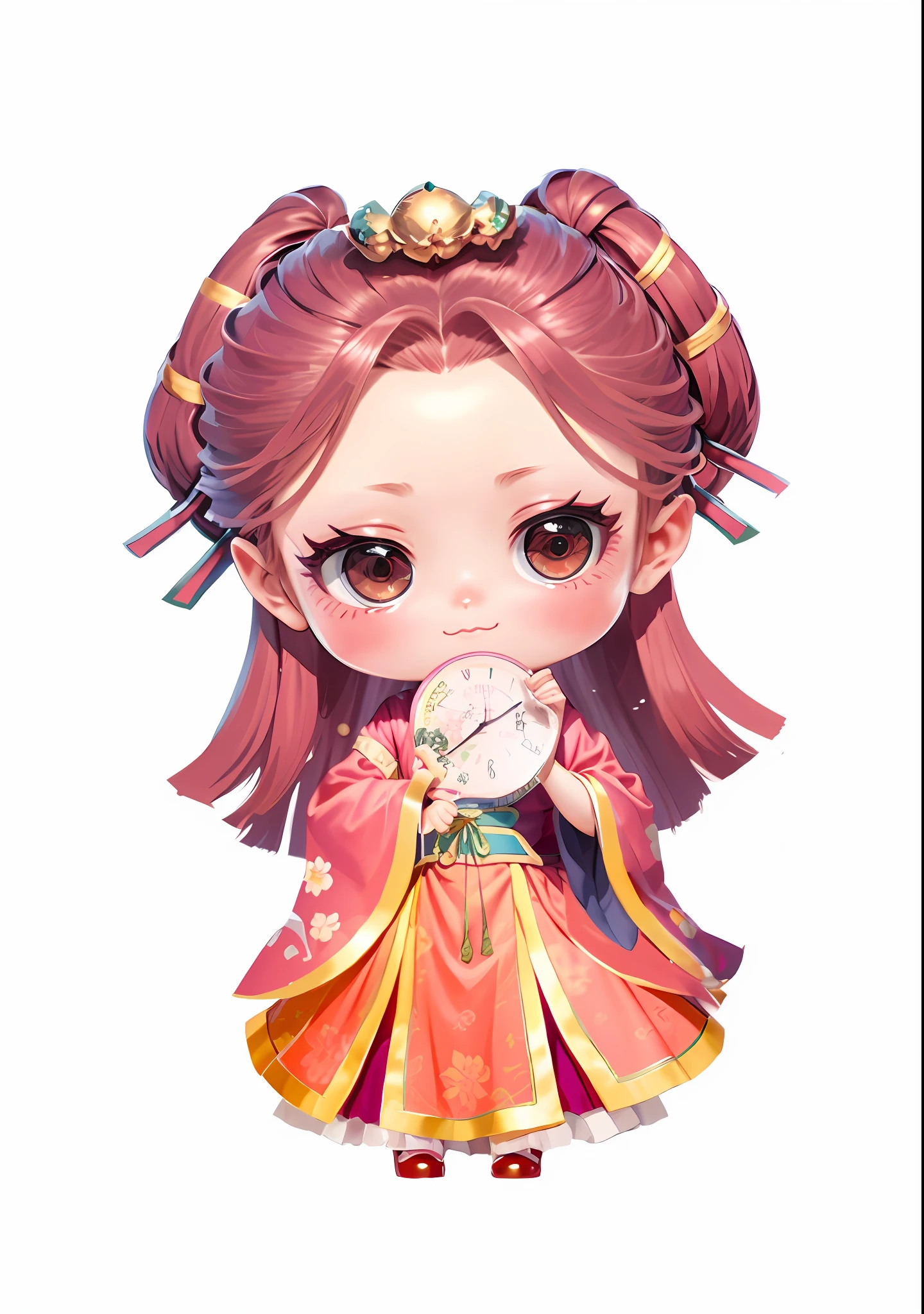 Close-up of doll in pink dress and clock, inspired by Park Hua, Palace , A girl in Hanfu, Guviz, Cute detailed digital art, advanced digital chibi art, Guviz-style artwork, chibi girl, cute character, Inspired by Lan Ying, Kawaii realistic portrait, high quality portrait, anime chibi