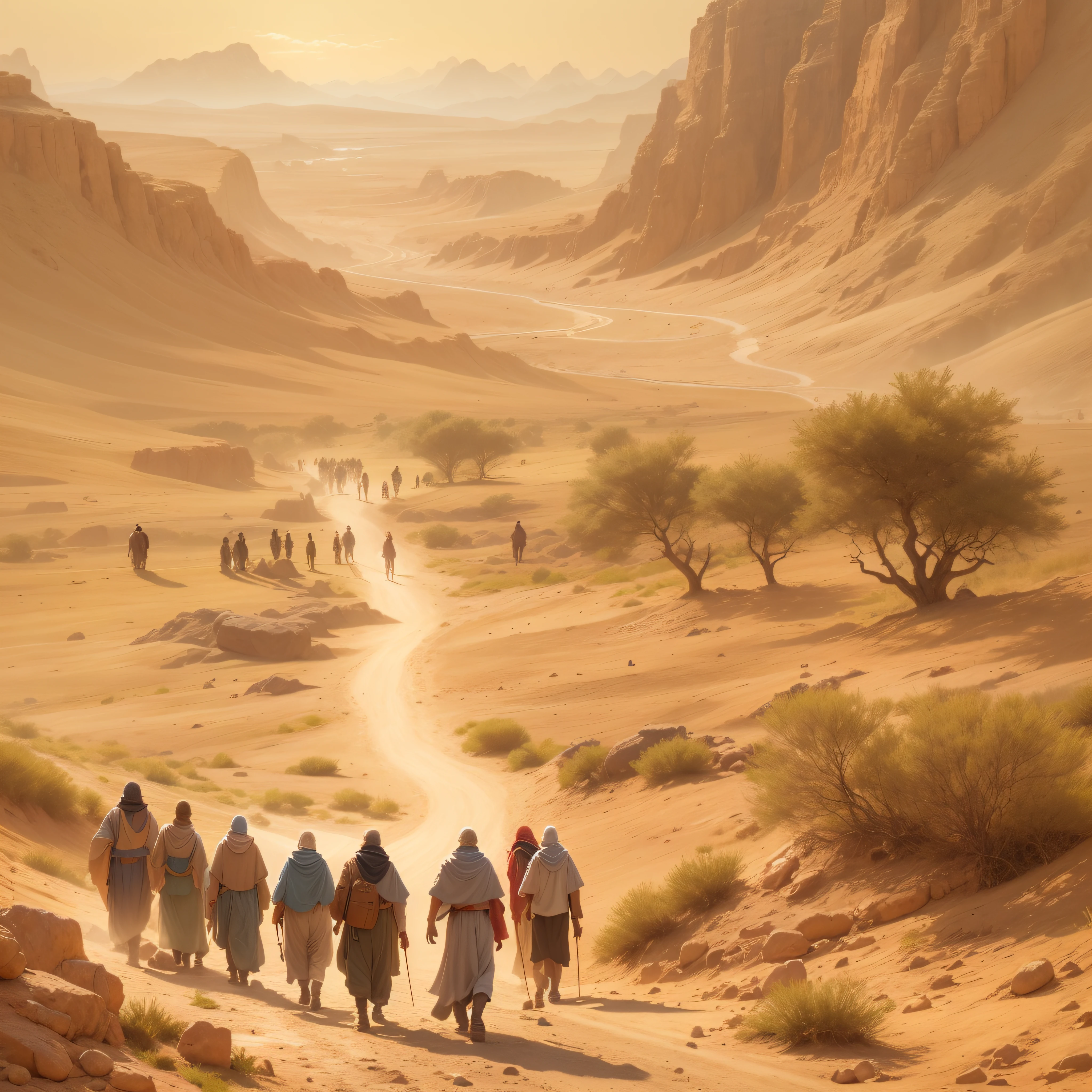 arid landscape, group of people walking in the wilderness during the Exodus led by Moses, expressing hope and determination in search of the promised land.