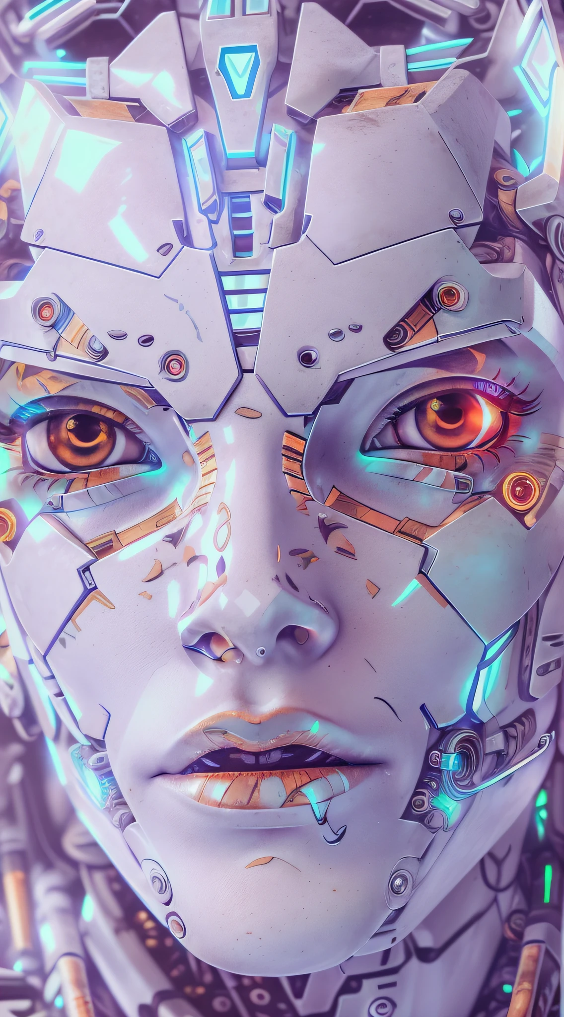 Araffed Cyborg with super detailed pieces of white plastic in very high resolution with red lipstick and light blue eyes