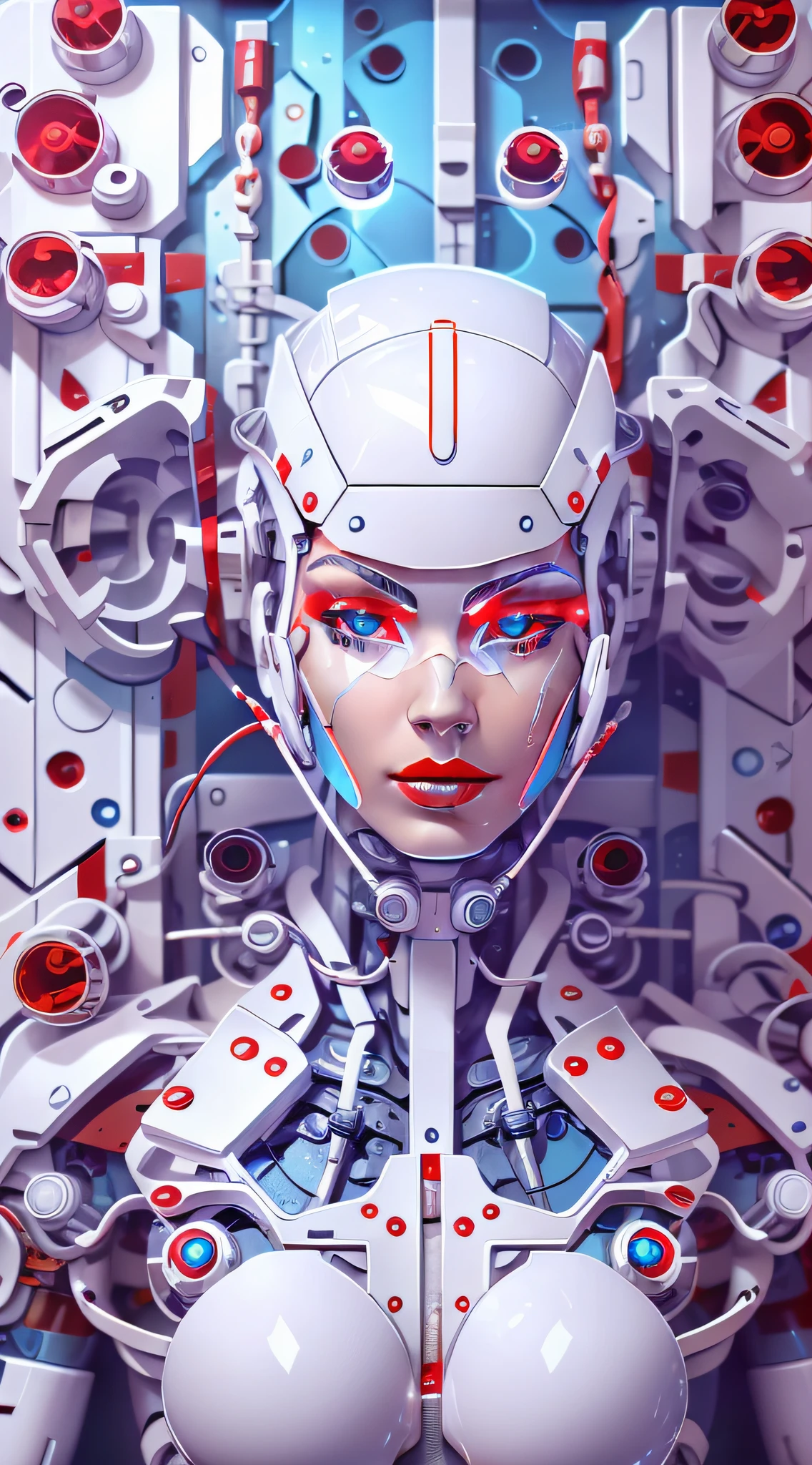 Araffed Cyborg with super detailed pieces of white plastic in very high resolution with red lipstick and light blue eyes