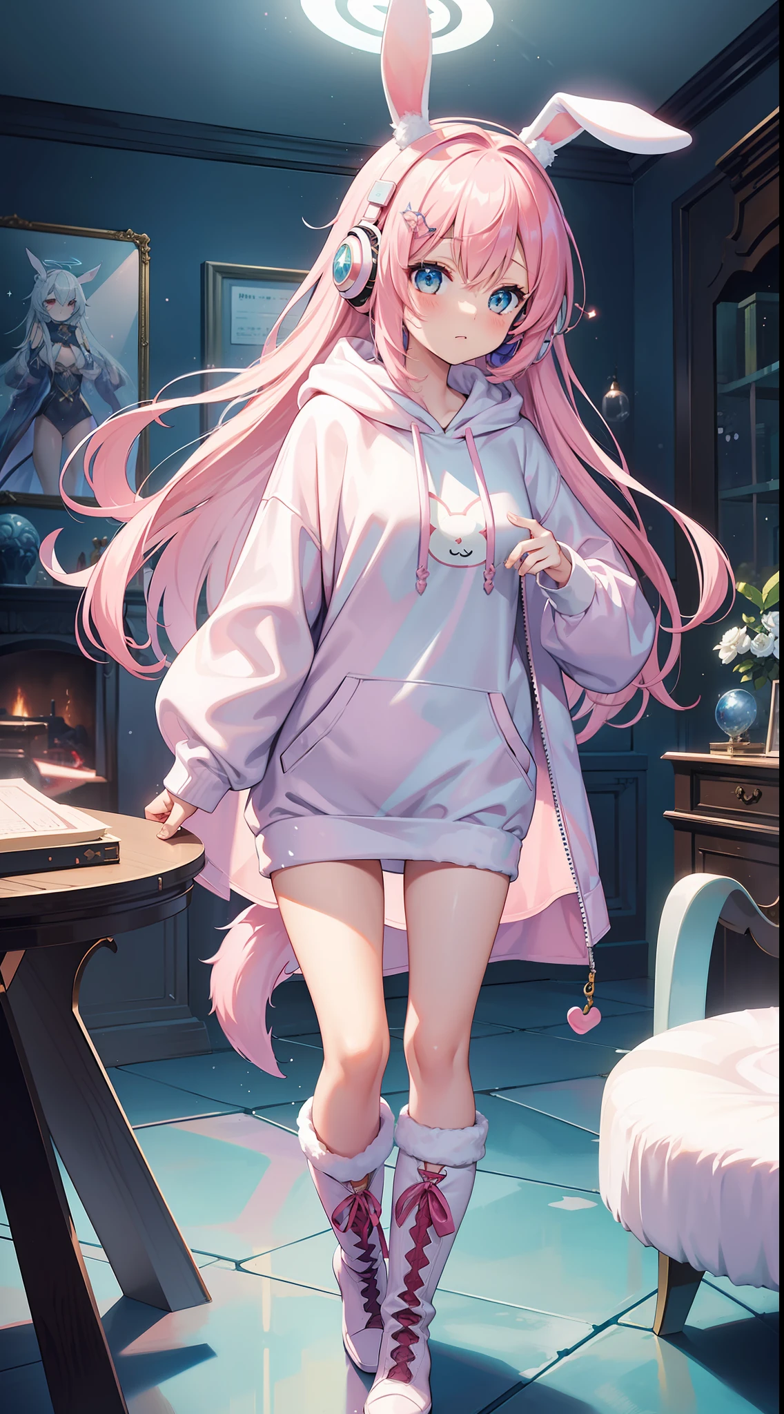 (masterpiece, best quality), intricate details, 1girl, pointy long animal ears, tail, fluffy pink hoodie with bunny design, short and ripped jeans, boots, bubbles, soapy bubles, prisms, lighting effect, floating halo glowing over her head, godly, comfy clothes, modern outfit, in an abandoned room,hand in pocket, headphones, long hair, fantastic futuristic, fantasy, rpg, jrpg, game