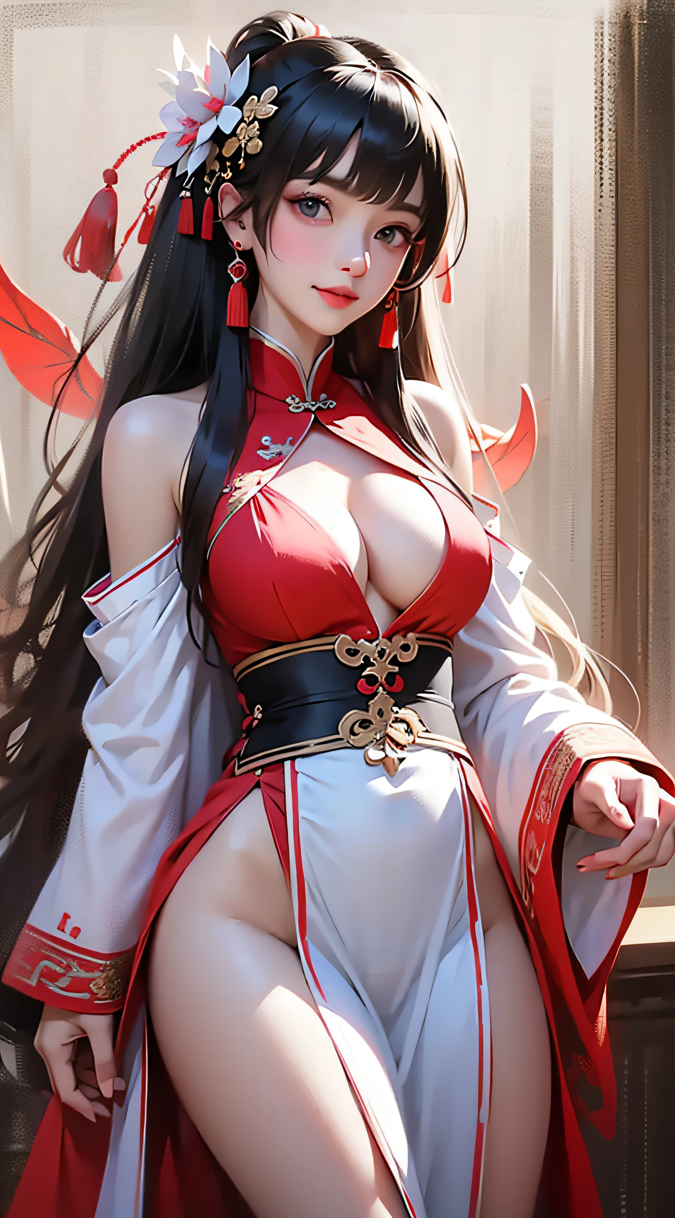 (Masterpiece:1.2), (Best quality:1.2), 10years old,Young,, brightskin, Background of ancient Chinese architecture, shairband,Fairy air fluttering,fog atmosphere,Sharp outlook,Qi bangs, long whitr hair, red color Hanfu,white stockings,Light smile,Bigboobs,long leges,High split end,Raised sexy,cropped shoulders,posing on a,full body shot shot