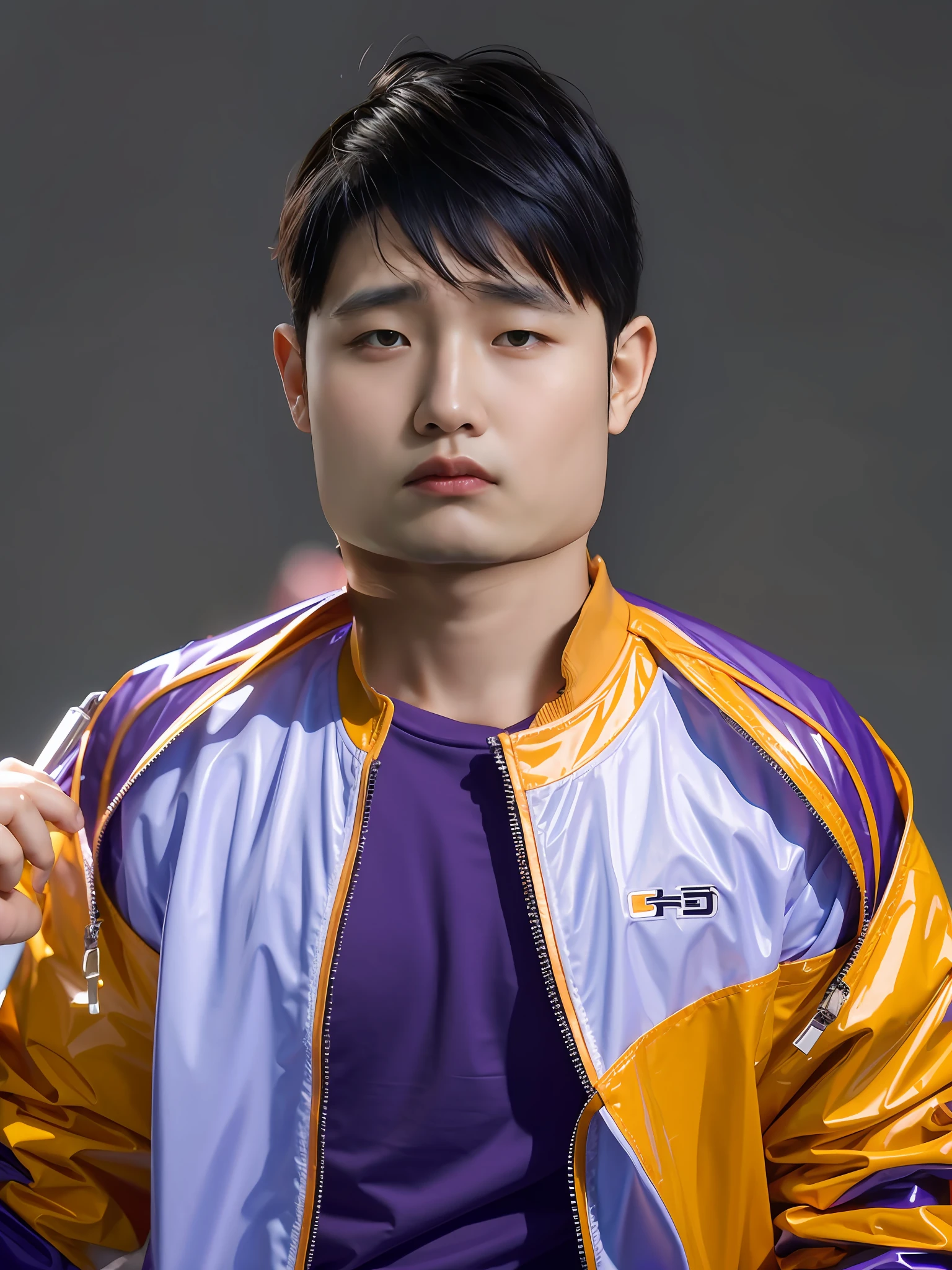 A Chinese male high school student，Wearing a PVC purple T-shirt，There are zippers