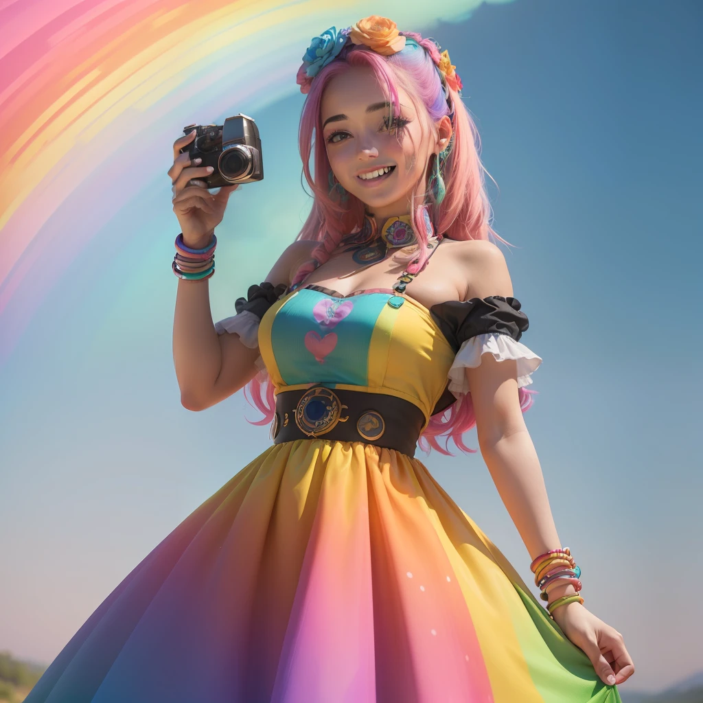 ((melhor qualidade)), ((ultra res)), ((fotorrealista:1.4)), (detalhes complexos), Girl with colorful hair and a colorful dress,RossDraw pastel vibrante, RossDraw realismo vibrante, estilo realista 4K, (((sorrindo)))