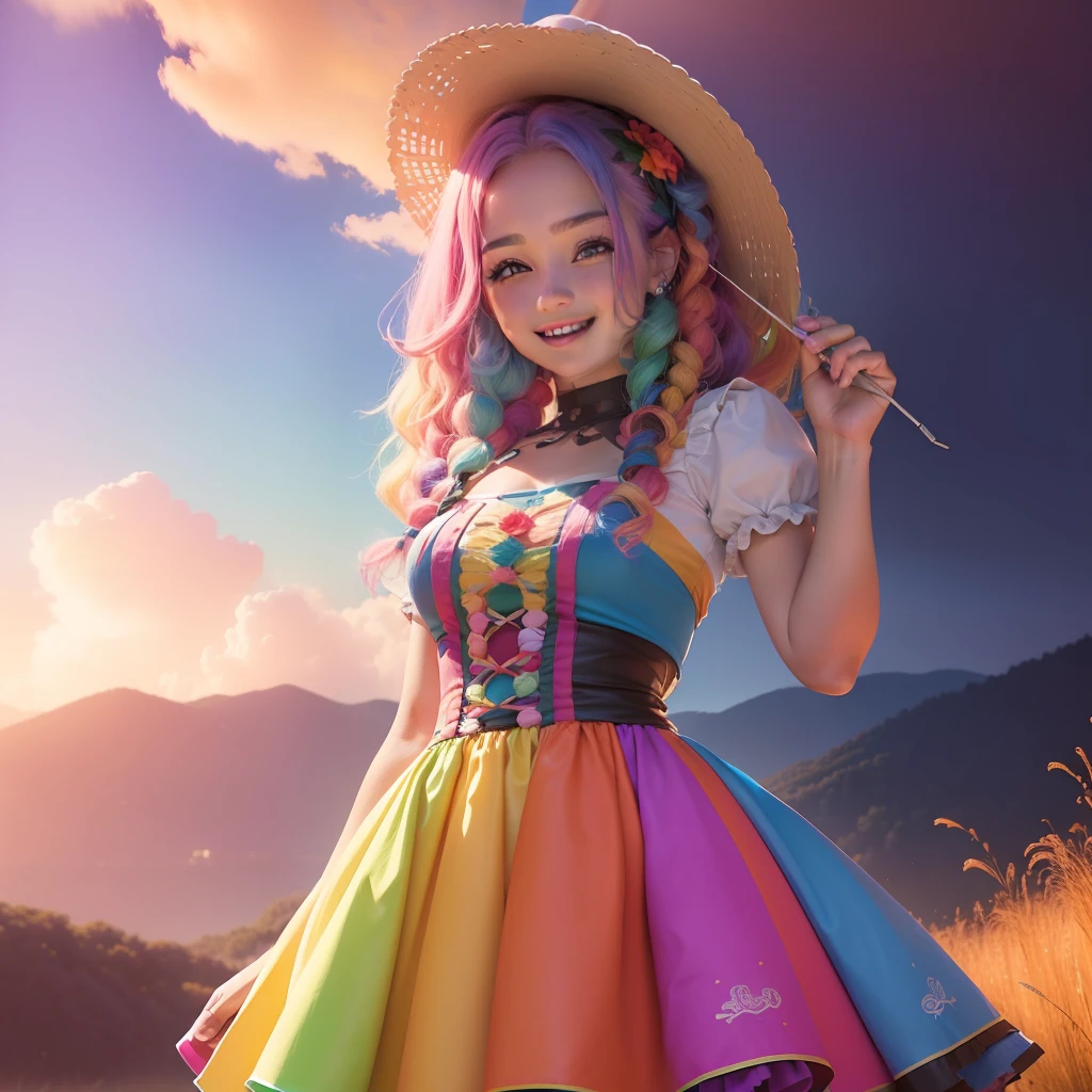 ((melhor qualidade)), ((ultra res)), ((fotorrealista:1.4)), (detalhes complexos), Girl with colorful hair and a colorful dress,RossDraw pastel vibrante, RossDraw realismo vibrante, estilo realista 4K,  (((sorrindo)))