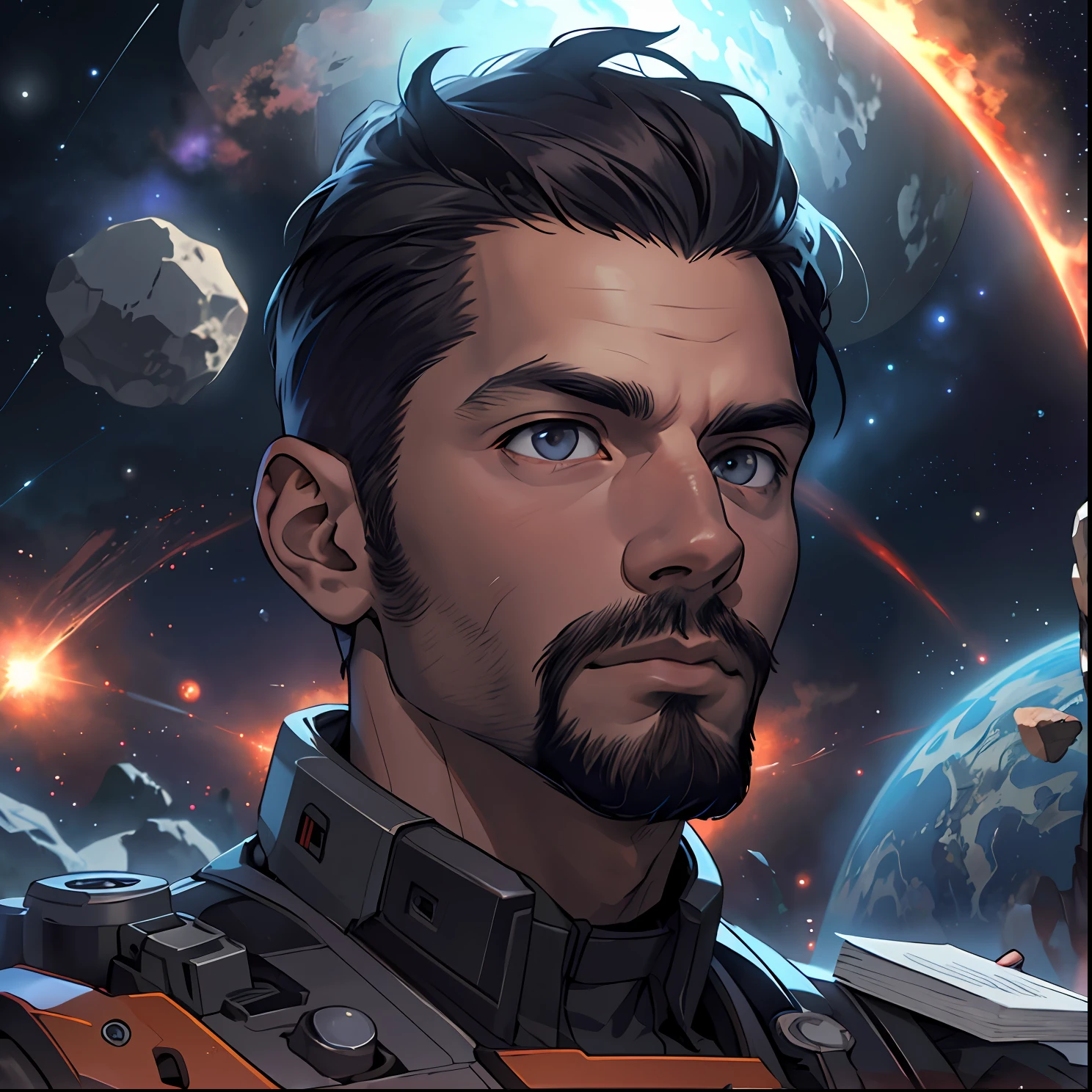 Draw a young programmer, sitting on a research platform floating in the middle of an asteroid belt. He is studying with a notebook, surrounded by several asteroids glowing with fiery auras. Dramatic lighting from distant stars and planets illuminates the scene, casting deep shadows on the suit. The young man looks confident and determined, looking at the vast and mysterious universe with wonder and respect,facial hair, cowboy shot,