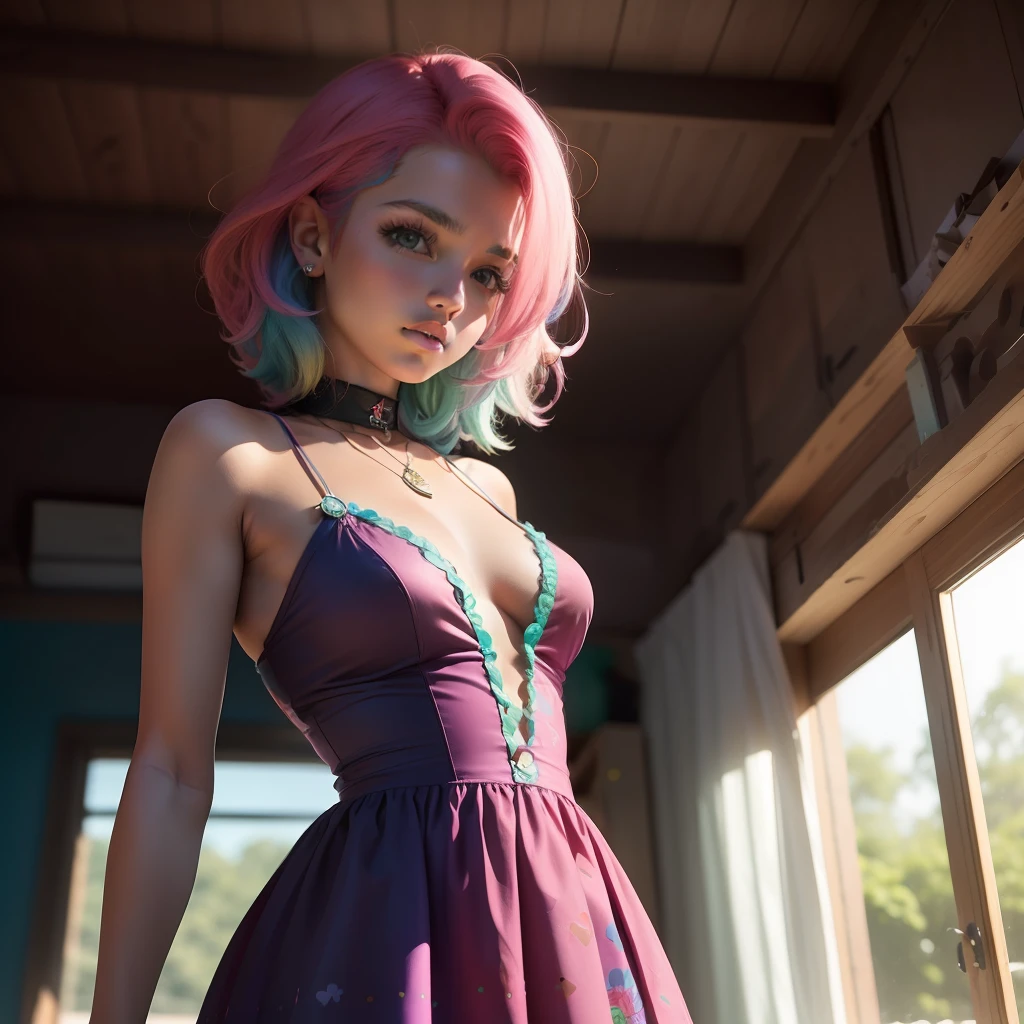 ((melhor qualidade)), ((ultra res)), ((fotorrealista:1.4)), (detalhes complexos), Girl with colorful hair and a colorful dress,RossDraw pastel vibrante, RossDraw realismo vibrante, estilo realista 4K, (((brava)))