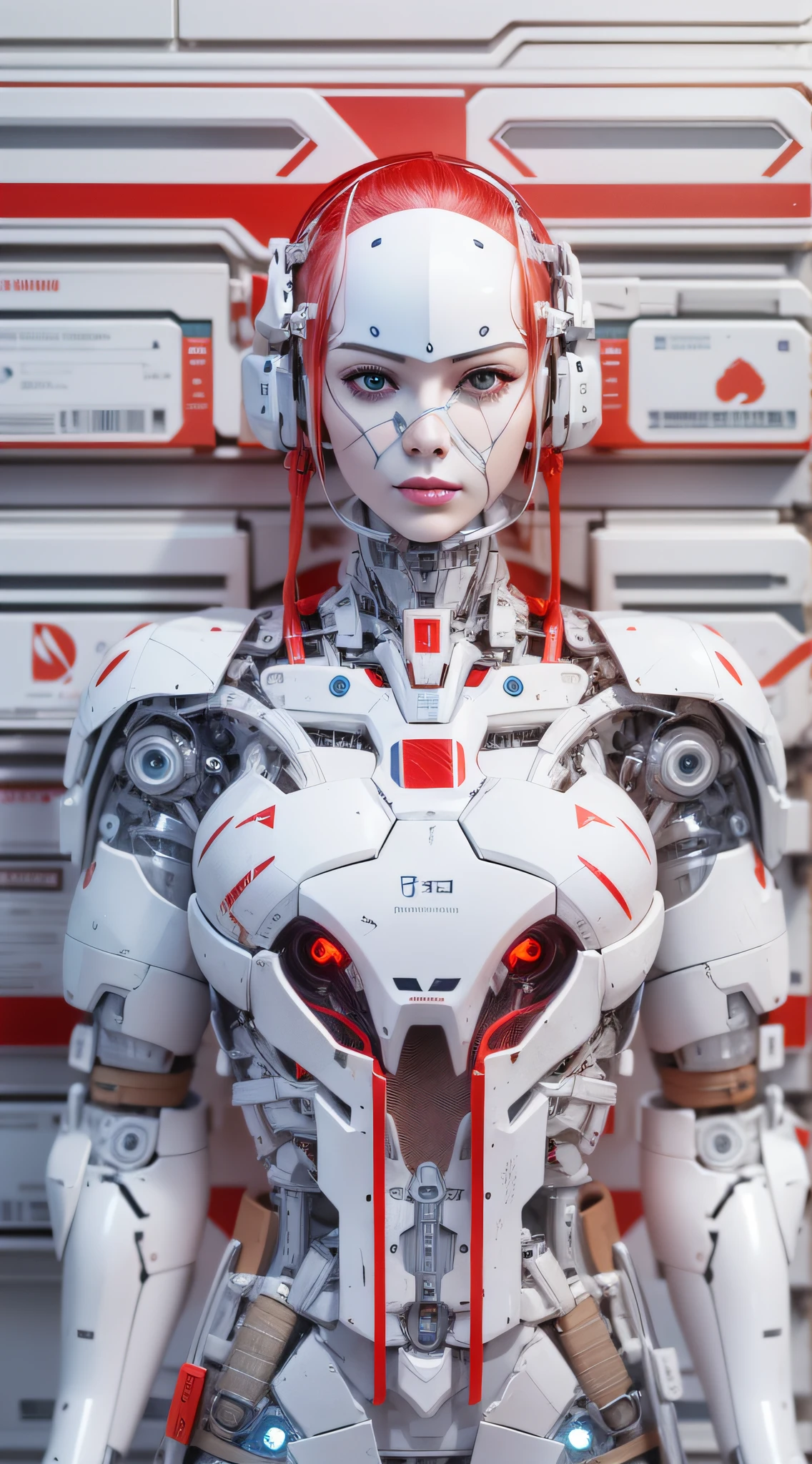 Araffed Cyborg with high-resolution white plastic details, batom vermelho e olhos azuis claros.