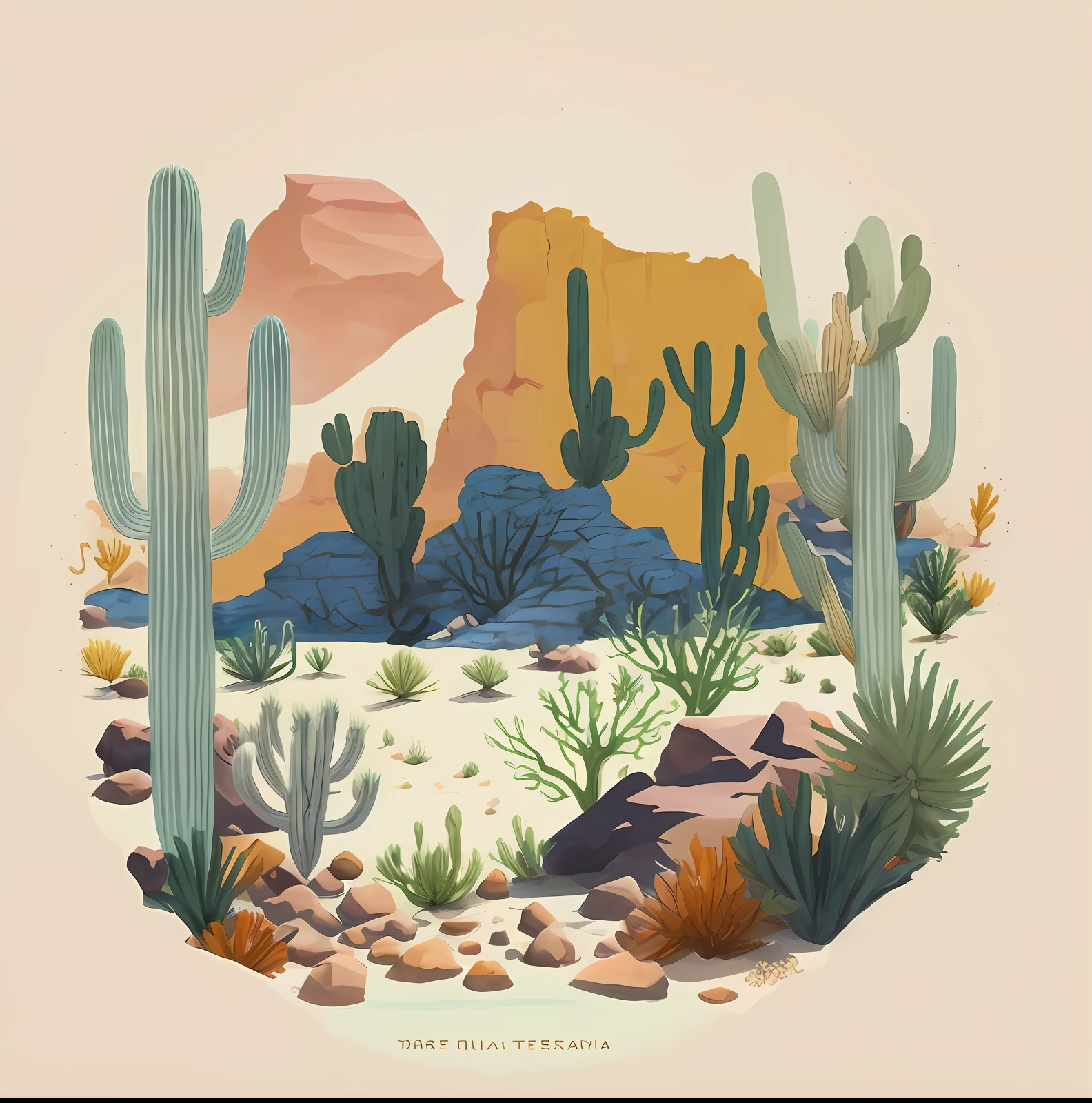 Desert close-up with cactus trees and rocks, desertpunk, desert mesa, desert composition, arizona desert, Desert scene, detailed digital illustration, the planet is warm with canyons, deserts and mountains, desert colors, Desert landscape, Flat desert, desert environment, Illustration style, Desert in watercolor, desert scenery, Desert oasis, Landscape illustration