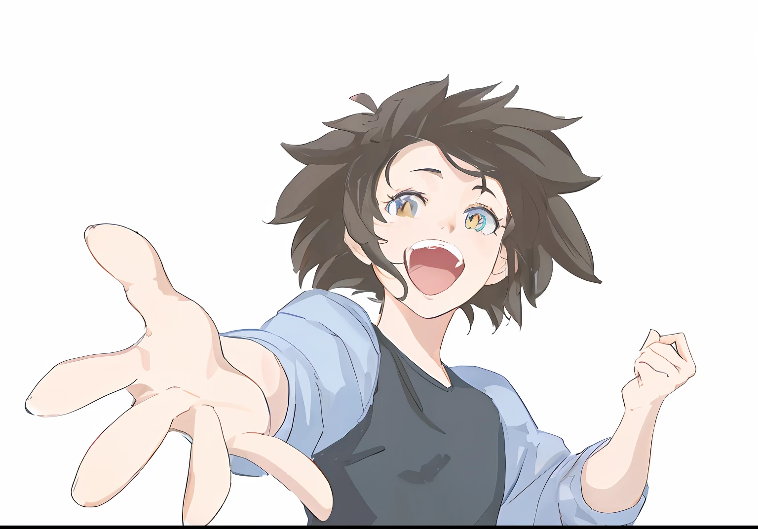 ​masterpiece、best qualtiy、1giri、Beautiful hair(1.5)、Beautiful eyes、I have my mouth wide open、sticking out your hand、excited expressions、Tension MAX