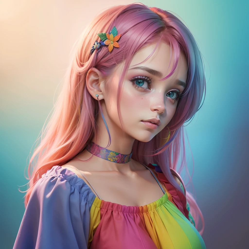 ((melhor qualidade)), ((ultra res)), ((fotorrealista:1.4)), (detalhes complexos), Girl with colorful hair and a colorful dress,RossDraw pastel vibrante, RossDraw realismo vibrante, estilo realista 4K, ((((triste com biquinho))))