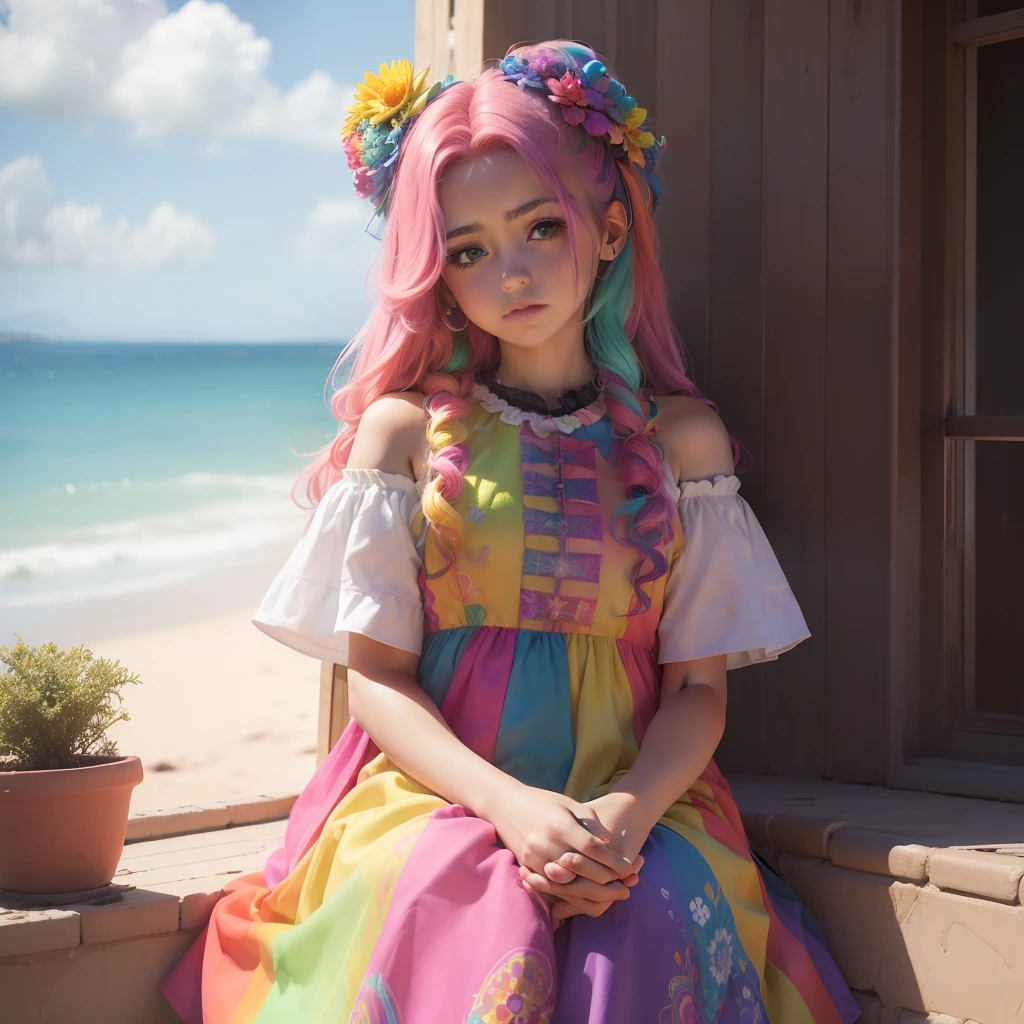 ((melhor qualidade)), ((ultra res)), ((fotorrealista:1.4)), (detalhes complexos), Girl with colorful hair and a colorful dress,RossDraw pastel vibrante, RossDraw realismo vibrante, estilo realista 4K, ((((triste com biquinho))))