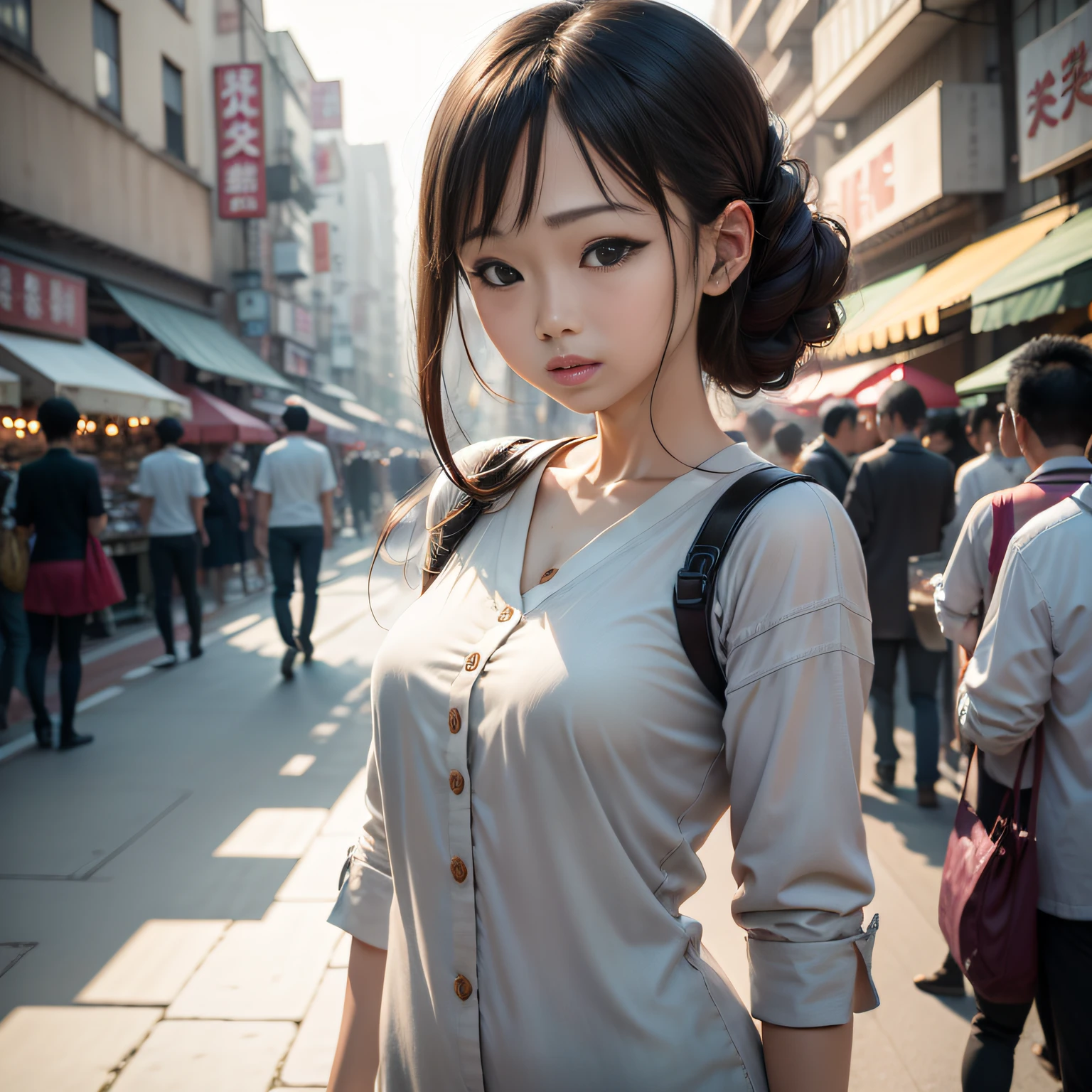 A woman walks through a busy Asian street market。
llight rays：Gentle light in the morning。
Background with：Complex Asian street market background。
Photographic equipment：1.3 aperture Fujifilm camera。
composition：Half-body close-up，Body Divination Screen 1.5。
shadowing：soft shade。
painterly style：photograph realistic、ultra-detailliert。
Skin tone：Perfect fair complexion。
skin textures：imperfect skin texture，realisticlying、ultra-detailliert。
Light：Perfect lighting effects，depth of fields，vague background。