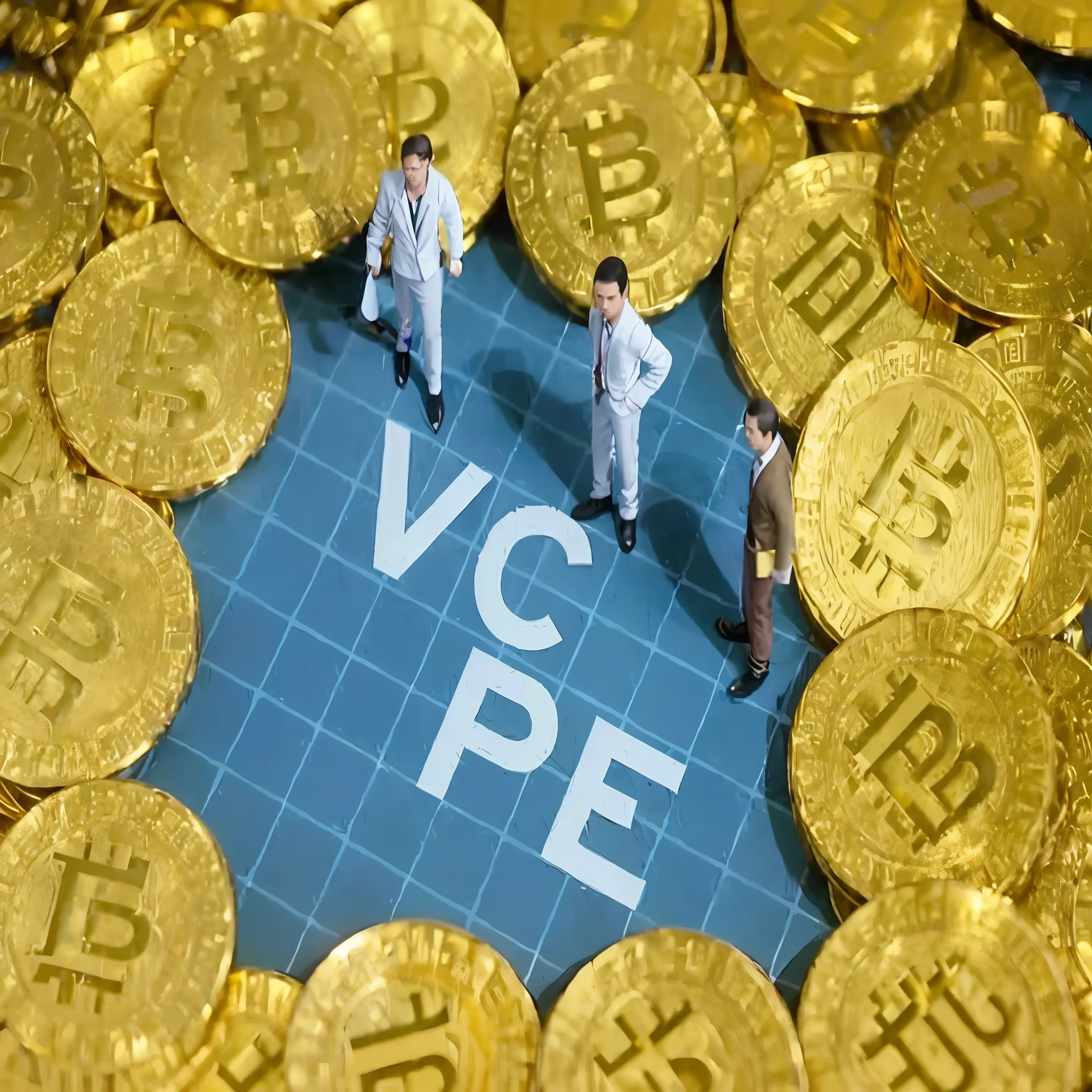Close-up of a group of people standing on a pile of gold coins, Very, giant crypto vault, with piles of coins around it, Piles of gold coins, personal profile picture, blockchain vault, cryptocurrency, Cryptopunk and pit viper, edible crypto, 🕹️ 😎 🔫 🤖 🚬, viral photo, author:Vincent Pepi, Expensive visuals