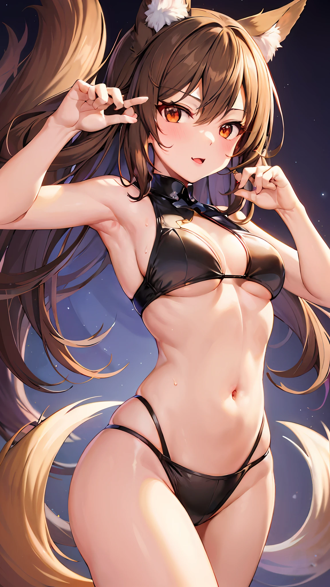 Chica de anime en bikini con orejas y cola de gato, seductora chica de anime, Anime Moe Artstyle, De Girls Frontline, Detalles finos. girls frontline, Anime CG arte suave, Diosa del anime, Estilo Azur Lane, pixiv 3dcg, Marin Kitagawa Fanart, small curvy loli, swimsuit, (Chica anime), por Kamagurka, Ecchi