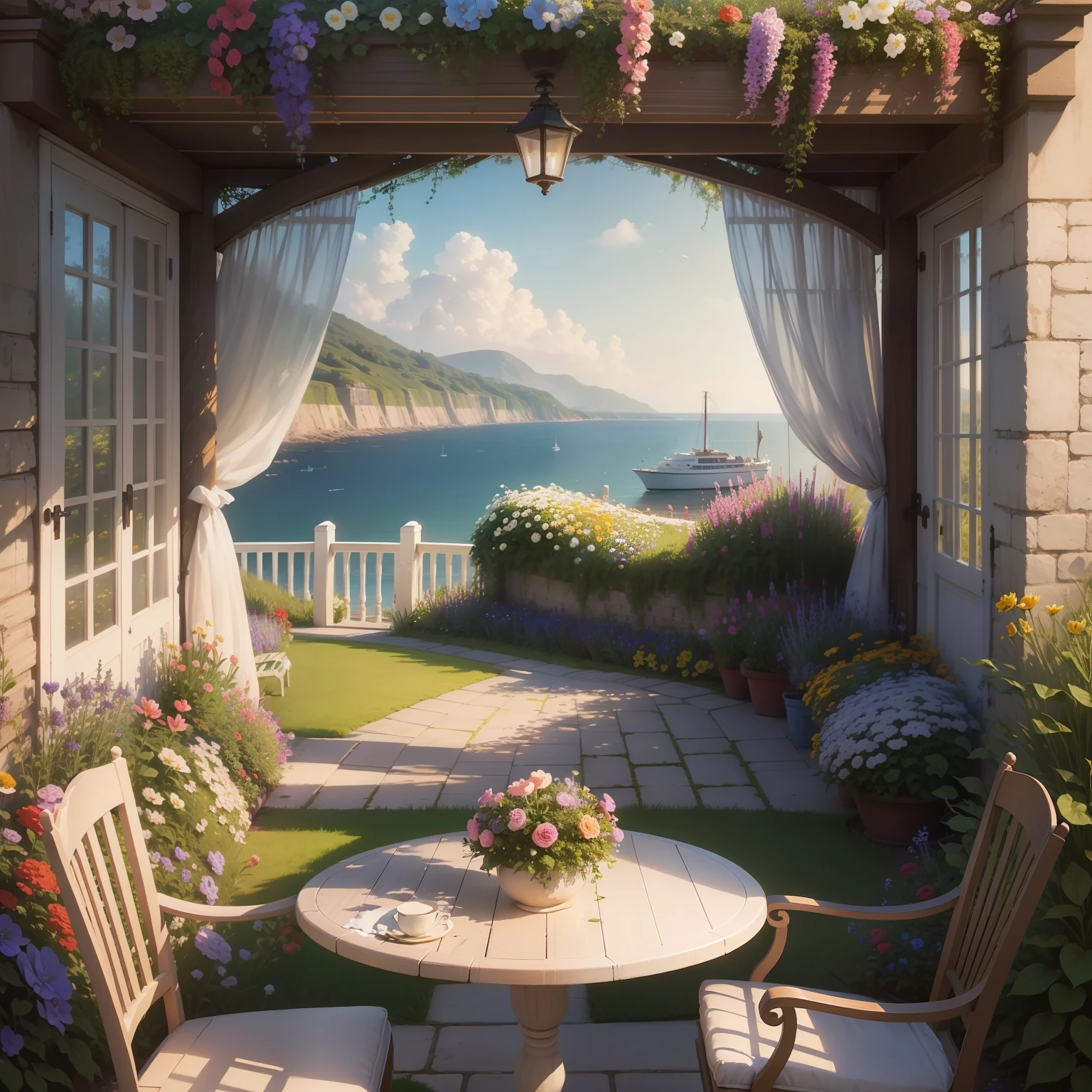 There is a picture of a garden painting with flowers, Inspired by the digital renderings of Miles Burket Foster, Flickr, romanticism lain, sitting with flowers, detailed scenic view,Near the sea, Close to the sea, Seafront, peaceful scene, oil painting h 768, beachside, A cena mais bonita