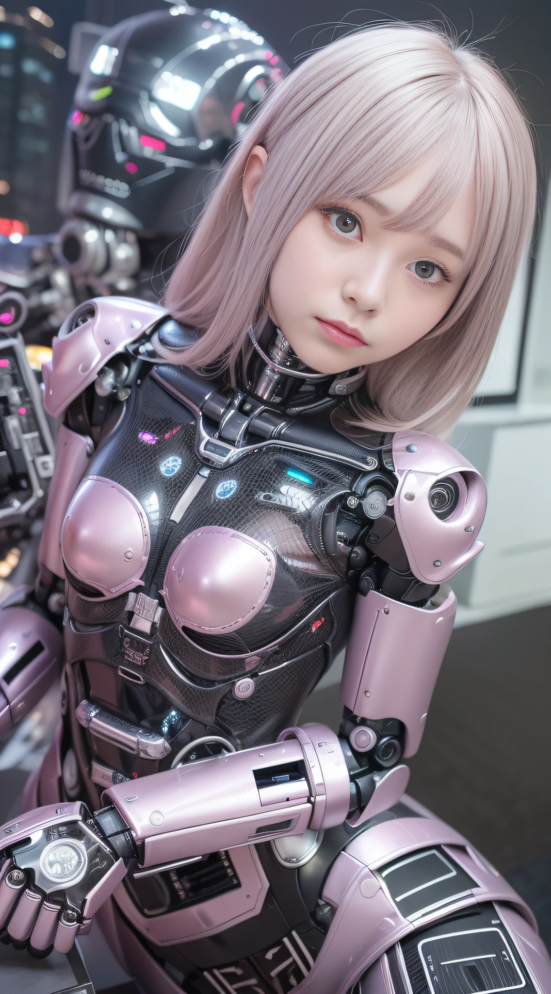 (Photorealsitic:1.4)、Onegirl、(top-quality),(hyperdetailed face)、(Super well-formed face)、((Robot Parts))、(Cyborg girl)、(Silver)、(metalic)、(fullllbody)、(Moe Pose)、(Slender body)、(tits out)、(Model body type)、(mecha exposure)、(akihabara)、(is looking at the camera)、(A dark-haired)、(9Head and body)、(a small face)、(Idol)、(front facing)、(lying on one's side on bed)、(Photo session)、(Looks sad)、(Cyborg girl in pink dress)、(sleeve less)、(a miniskirt)、(amputated)、(lack)、(Detached neck and torso)