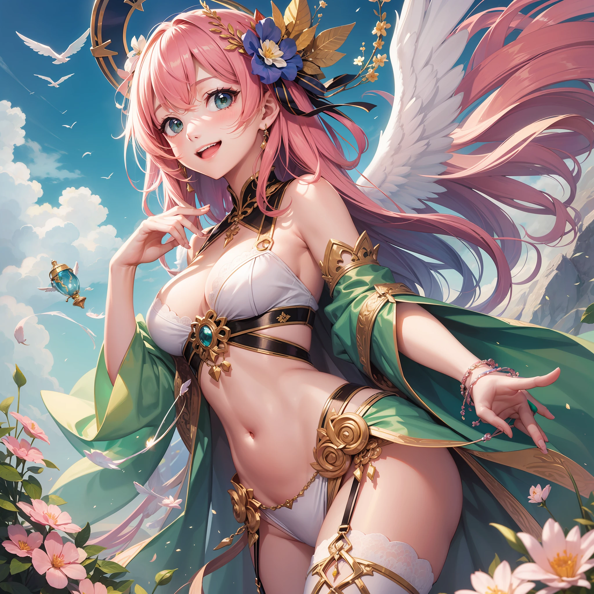 Multiple characters from the harem were depicted with smiles、Angel wings grew girl with Masterpiece illustrations with the highest image quality and ultra-high resolution。a beauty girl Pink hair Green hair