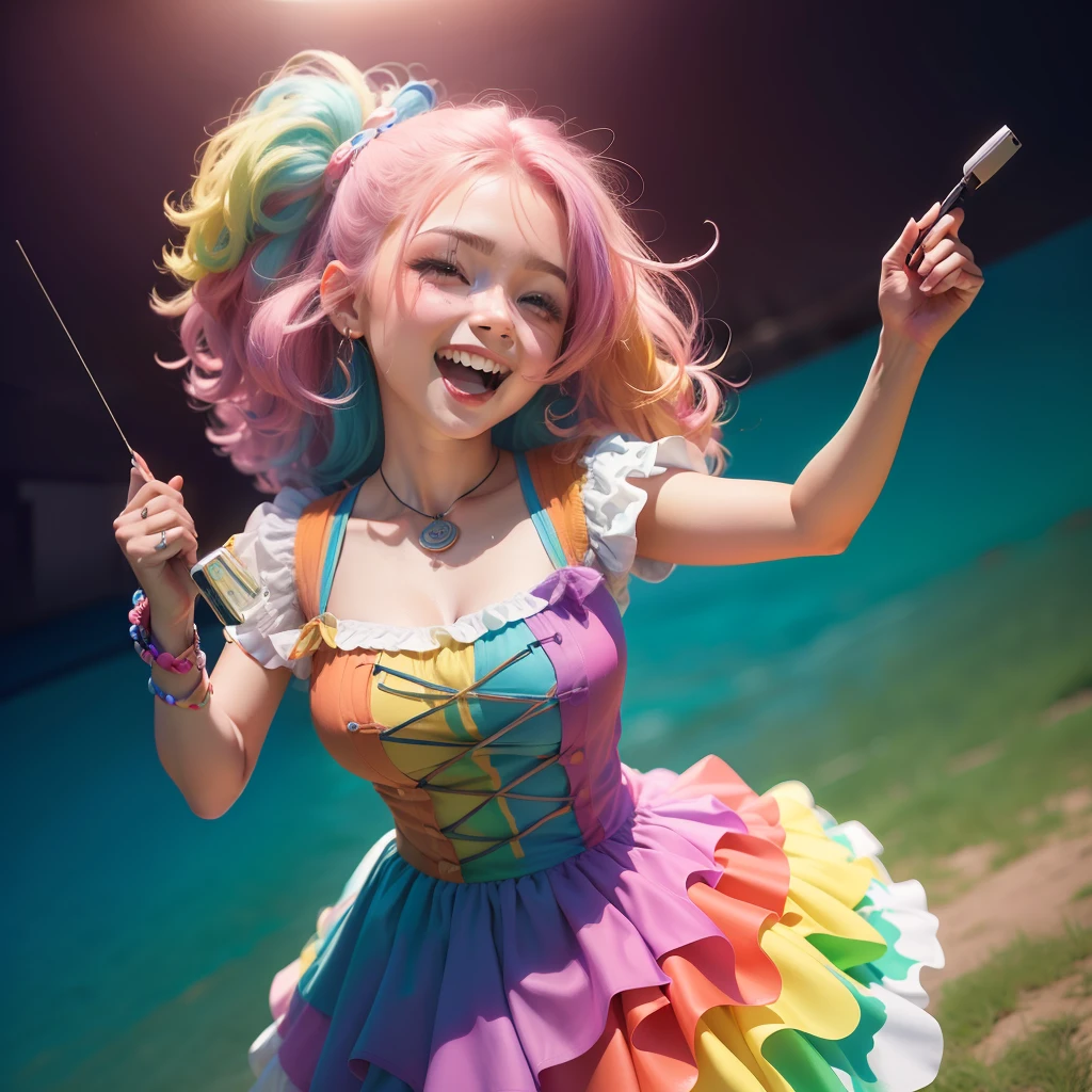 ((melhor qualidade)), ((ultra res)), ((fotorrealista:1.4)), (detalhes complexos), Girl with colorful hair and a colorful dress,RossDraw pastel vibrante, RossDraw realismo vibrante, estilo realista 4K, (((((excited avermelhada))))