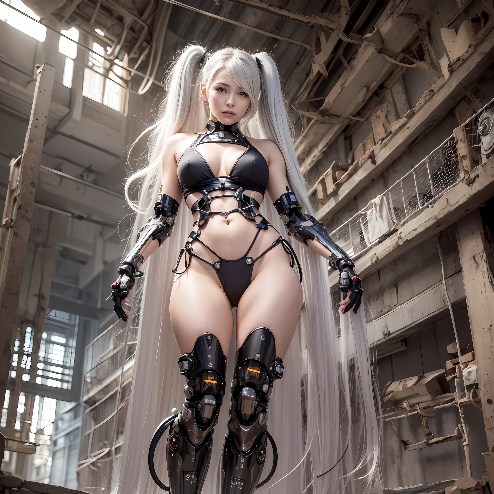 Beautiful Face,face is Japan, 1 Woman, Big, Curvaceous, (16k, RAW photo, top quality, masterpiece: 1.2), (HDR, Realistic, Photorealistic: 1.37) (tube attached to the body), (Bikini Cyborg robot parts)))), (light gray hair), Long hair, Wavy hair, Twin tails, Medium shot, ( Seductive smile)), (black eyes), double eyelids, princess cut, from below, (whole body),posing,,in the lab,( tube connected to blood vessel),((mechanical vertebrae attached to the back)),((mechanical neck attached to the neck)),(wire and cable attached to head and body),(character focus),science fiction,perfect female figure,perfect anatomy, hyperanatomy, full body shot, up to four fingers and one thumb relationship,