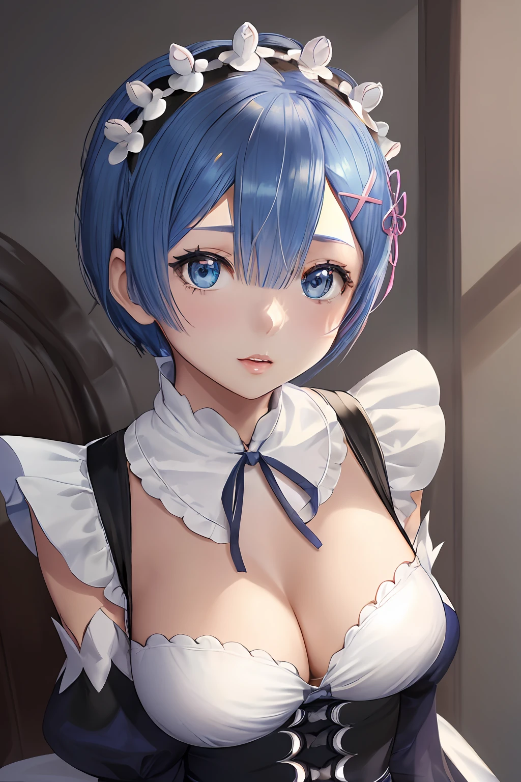 highres, sharp focus, pixiv masterpiece, ((intricate details)), highly detailed, upper body, 1girl, rem_re_zero, blue hair, short hair, maid uniform, hair ornament, cleavage, maid headdress, detached sleeves, ribbon,