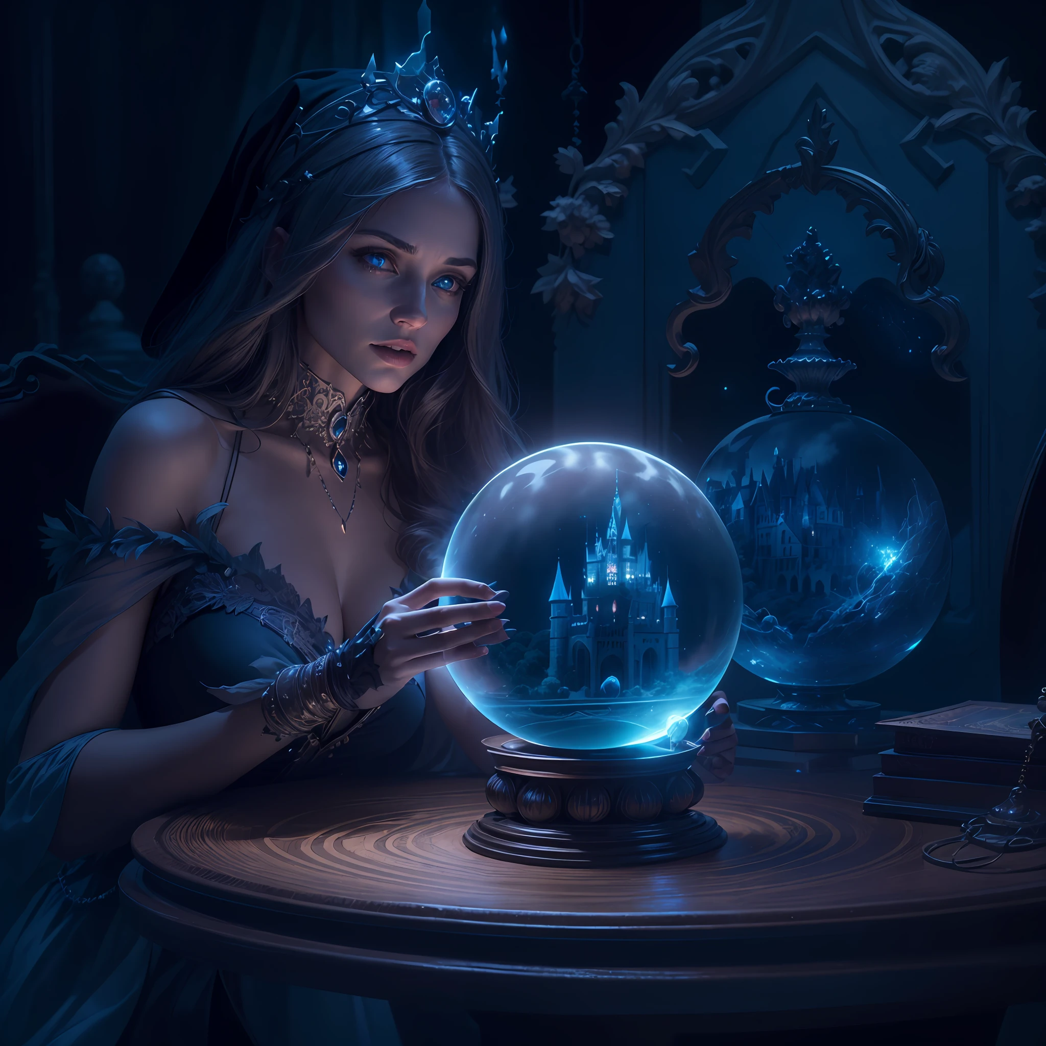 Moonlight, The evil witch casts magic on the Crystal ball in front of her, (There is a castle in the Crystal ball), The witch's eyes emit a blue flame, Electroluminescent Wire, Dreamy Glow, anatomically correct, (Photorealistic,masterpiece,best quality,UHD,extremely detailed, Cinematic Lighting )